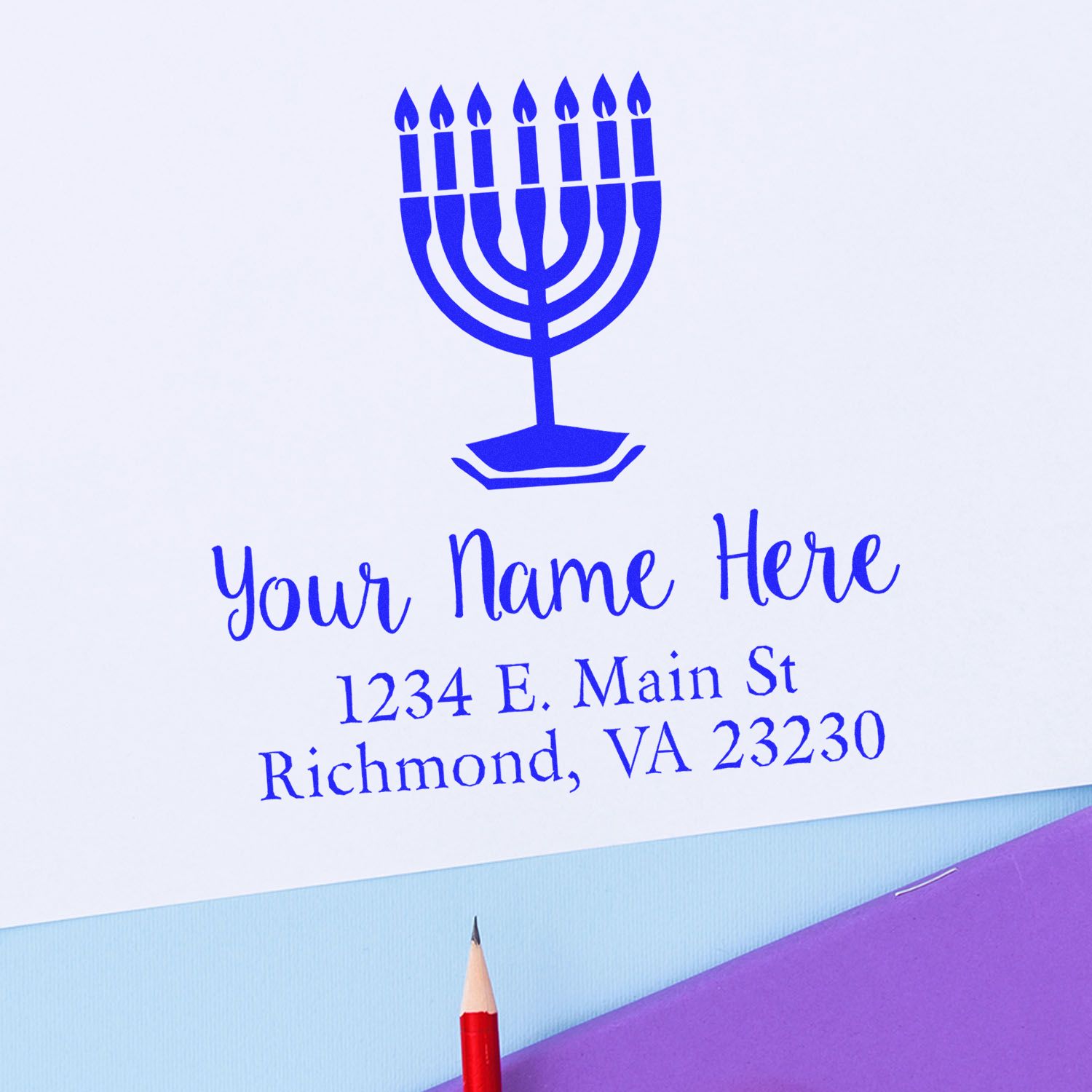 Custom menorah rubber stamp with name and address, featuring blue Jewish holiday design for personalized stationery.