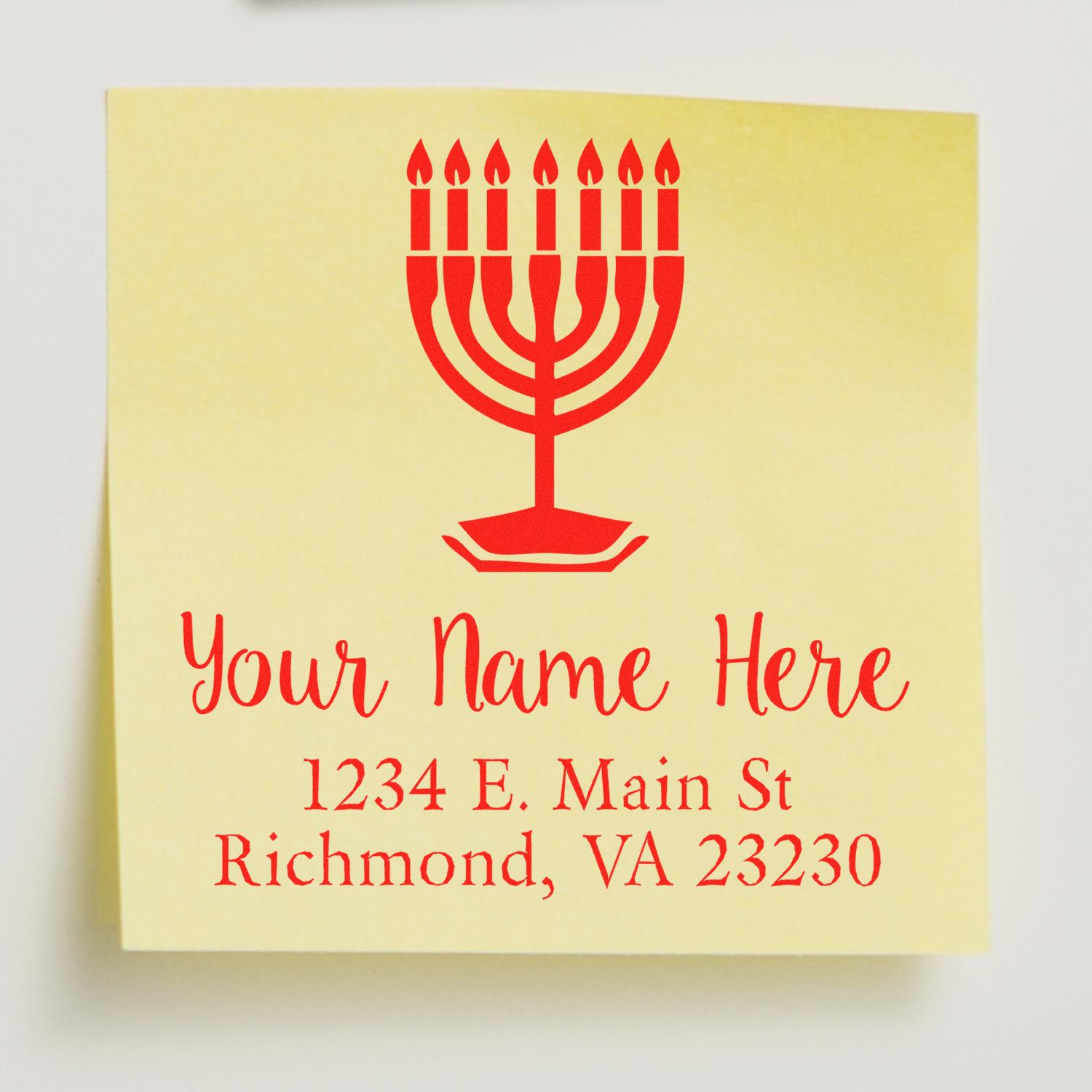 Personalized menorah rubber stamp with name and address for holiday stationery: Your Name Here, 1234 E. Main St, Richmond, VA 23230.