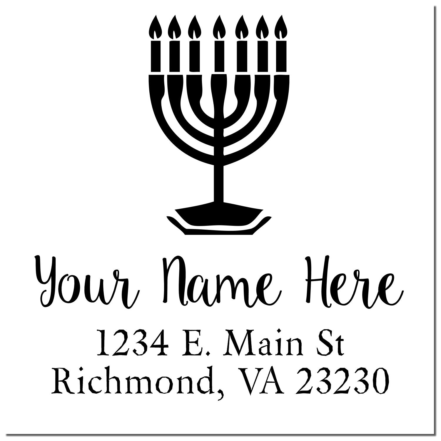 Custom Jewish menorah return address rubber stamp with Your Name Here and Richmond, VA address.