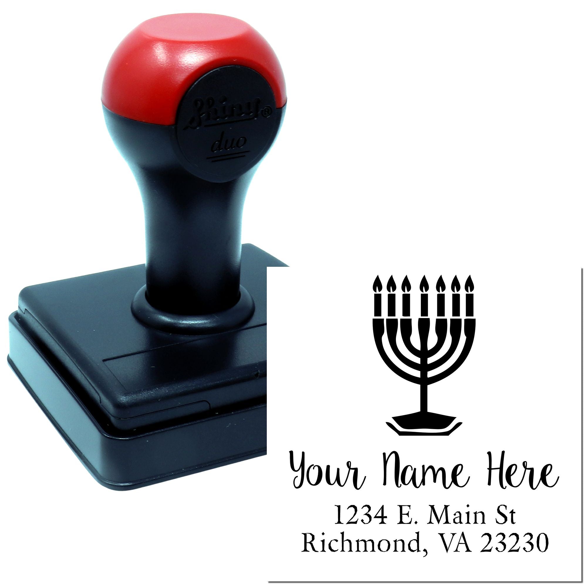 Custom self-inking Hanukkah menorah return address rubber stamp with personalized name, address, and imprint preview.