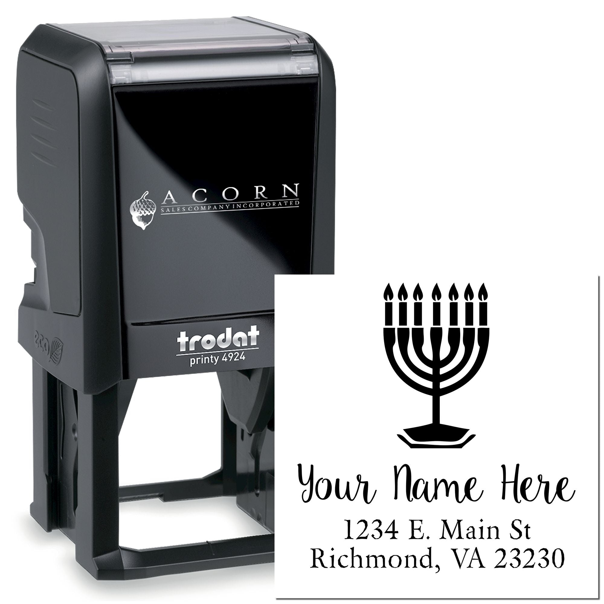 Custom self-inking rubber stamp with menorah design and return address for Jewish holiday stationery and mail.