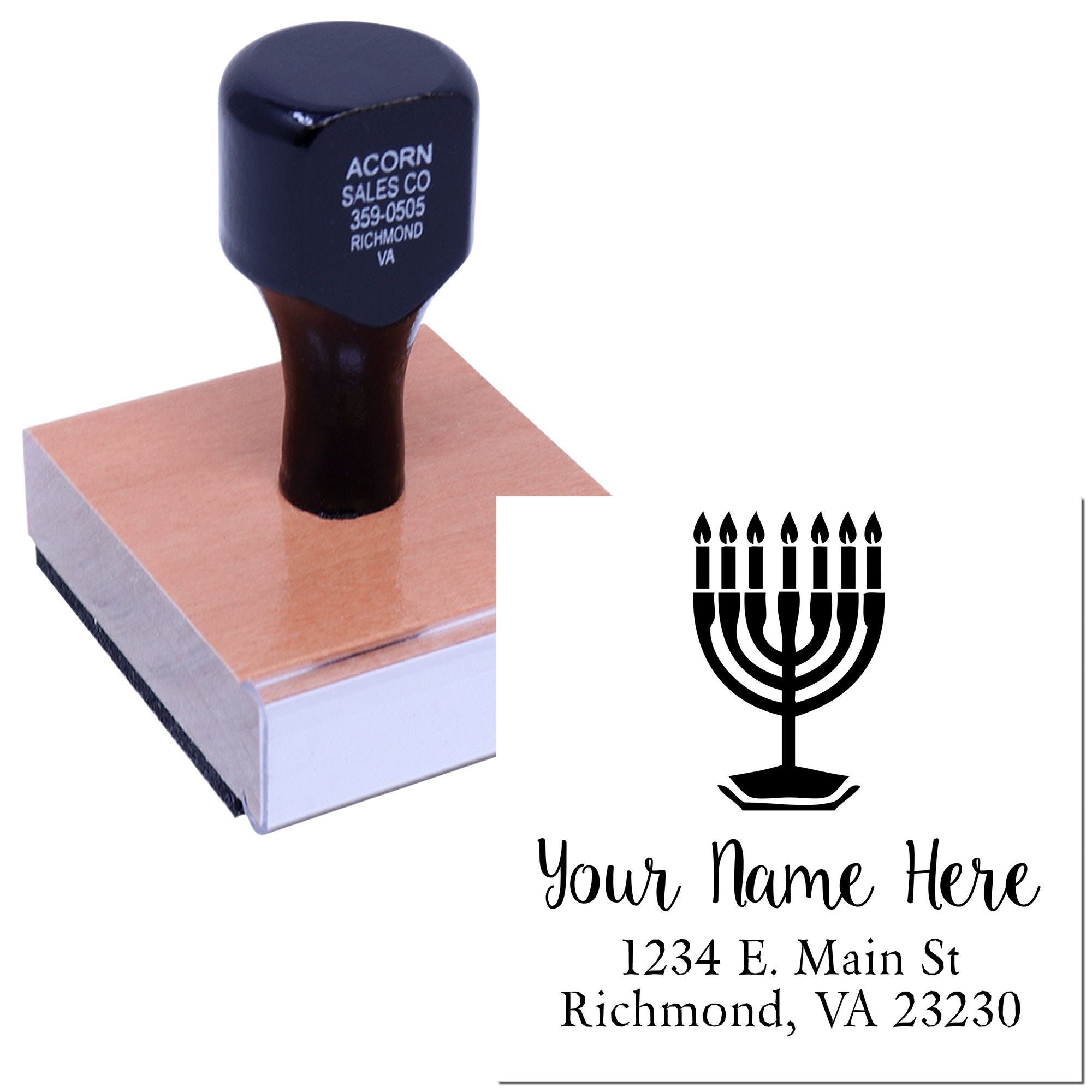Personalized Hanukkah menorah address rubber stamp with custom name and Richmond, VA return address