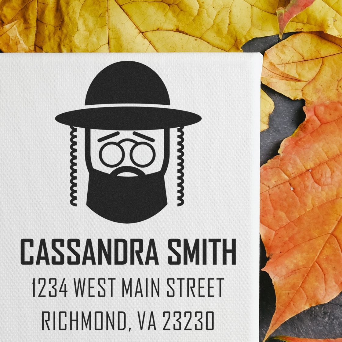 Personalized rubber address stamp for Cassandra Smith with name, Richmond, VA address, and whimsical bearded logo.