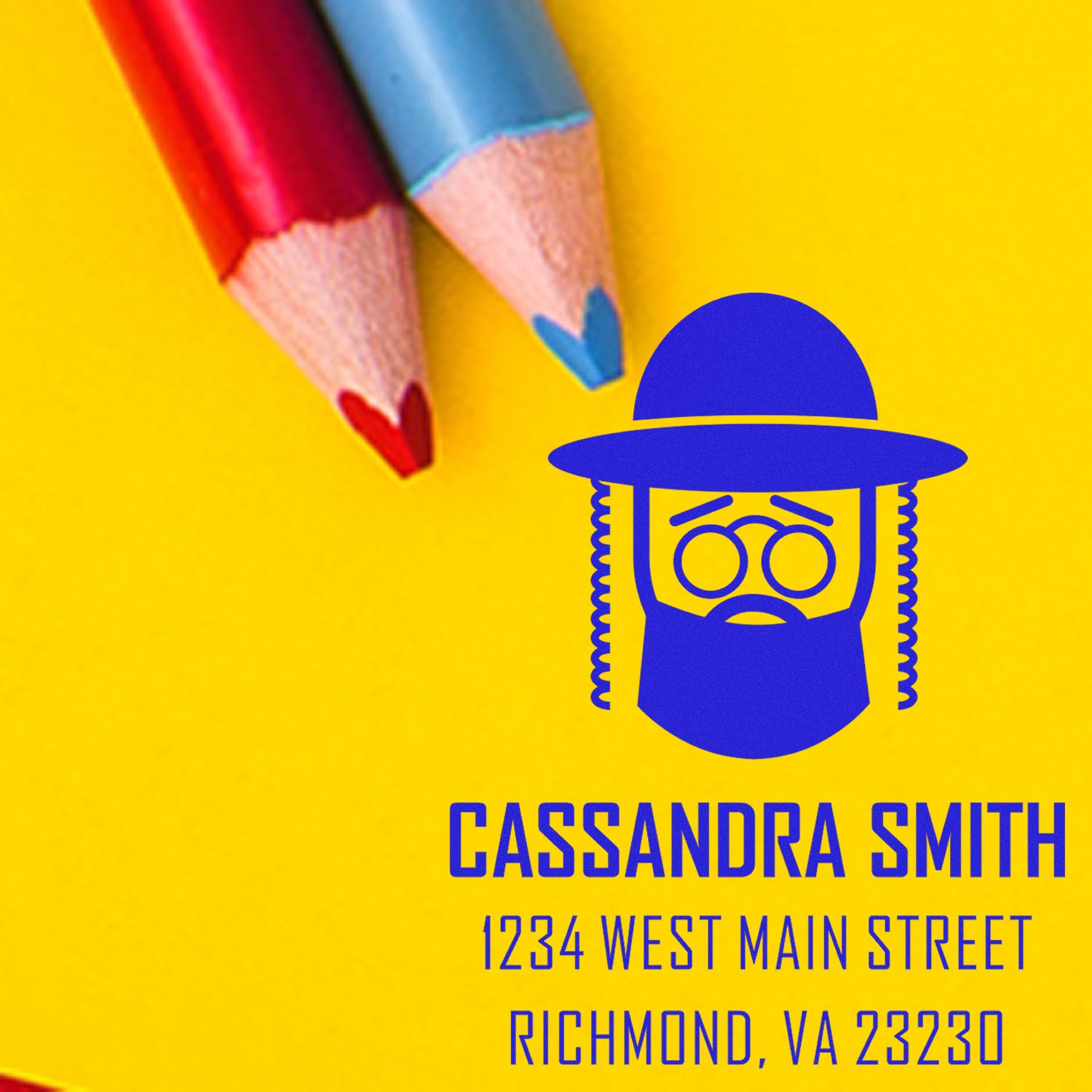 Custom rubber stamp design with logo, Cassandra Smith name, and Richmond, VA return address stamp.