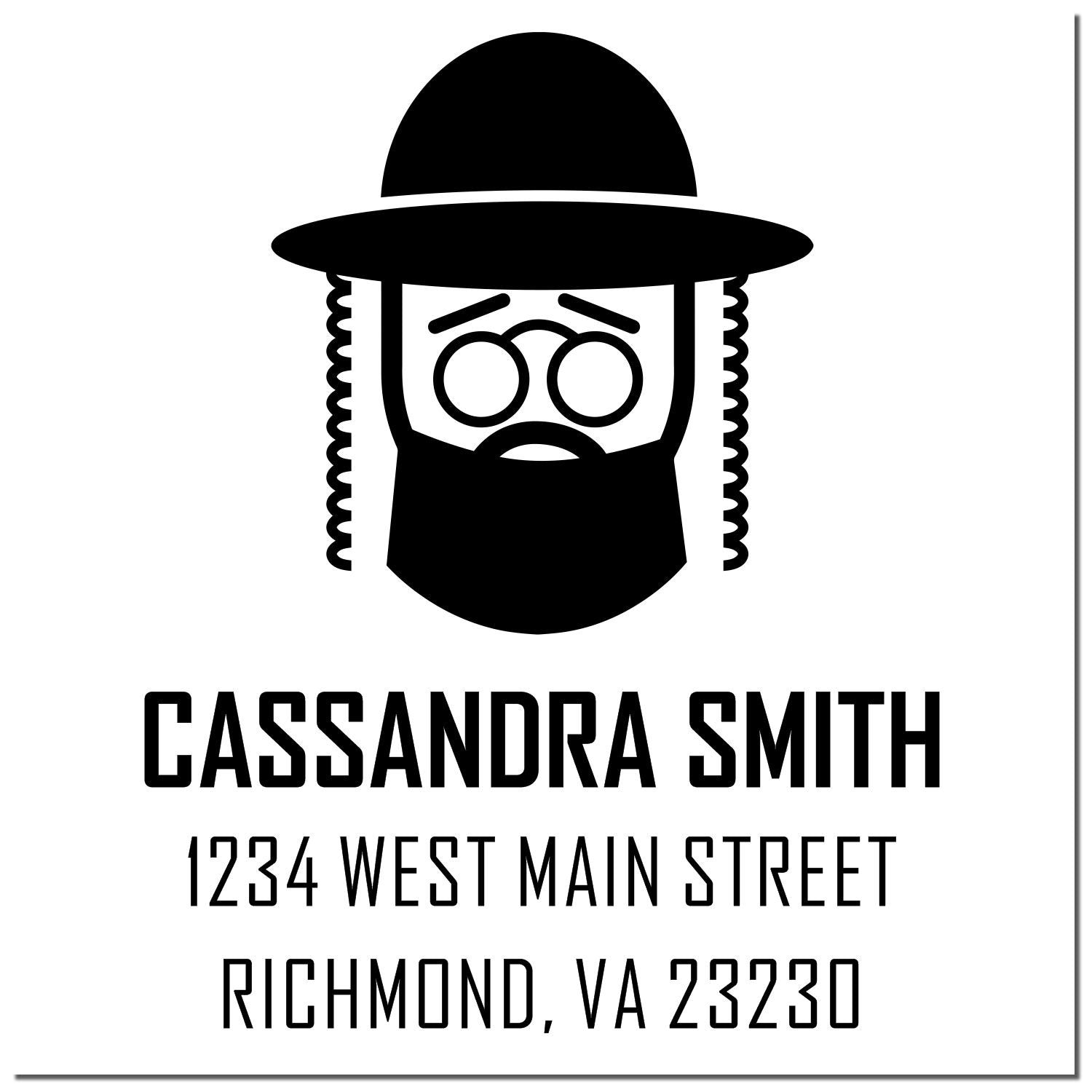 Personalized return address rubber stamp with bearded man logo for Cassandra Smith, 1234 West Main Street, Richmond, VA 23230.