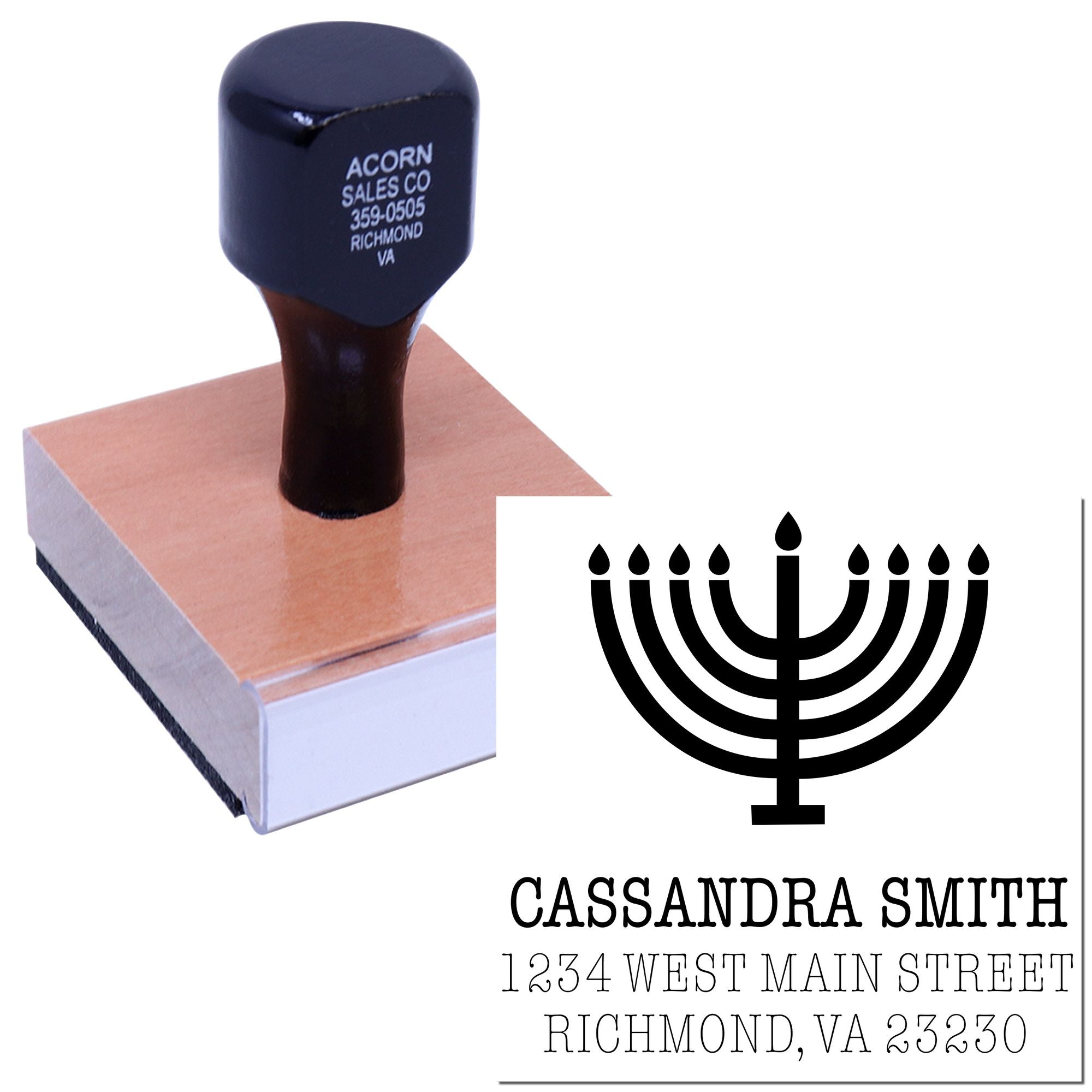 Custom rubber stamp with menorah design and return address for Cassandra Smith