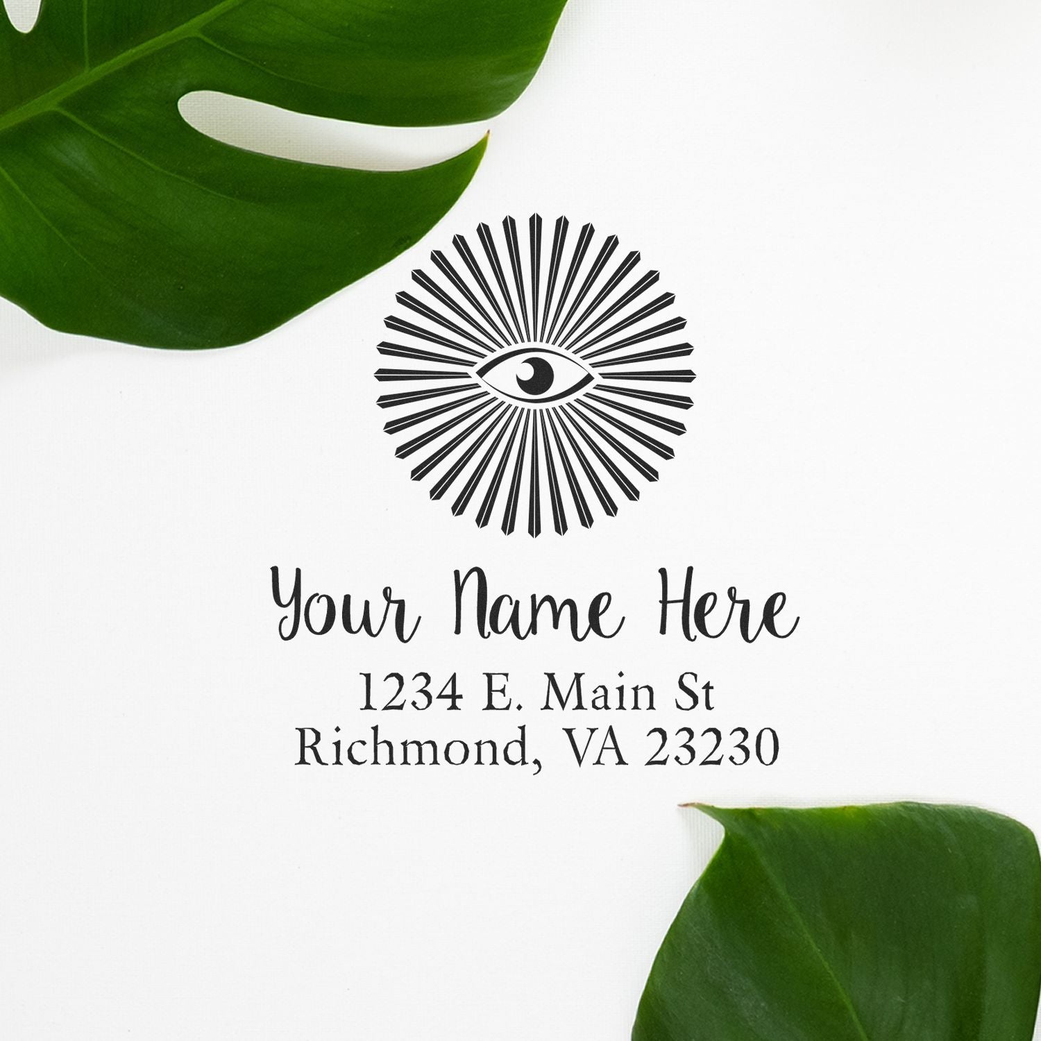 Custom return address rubber stamp with eye logo, personalized name, and Richmond, VA address.