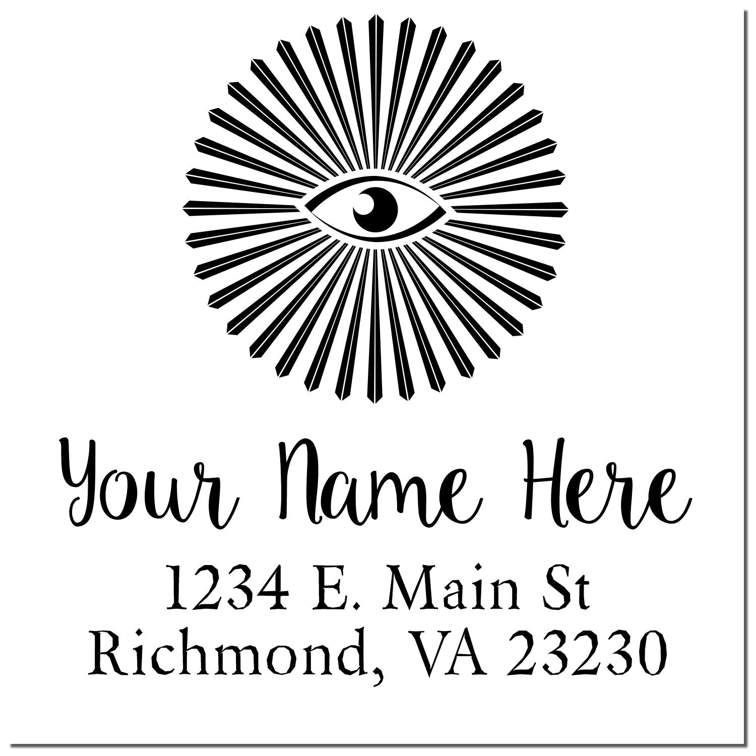 Personalized return address rubber stamp with eye sunburst logo, name, and address.