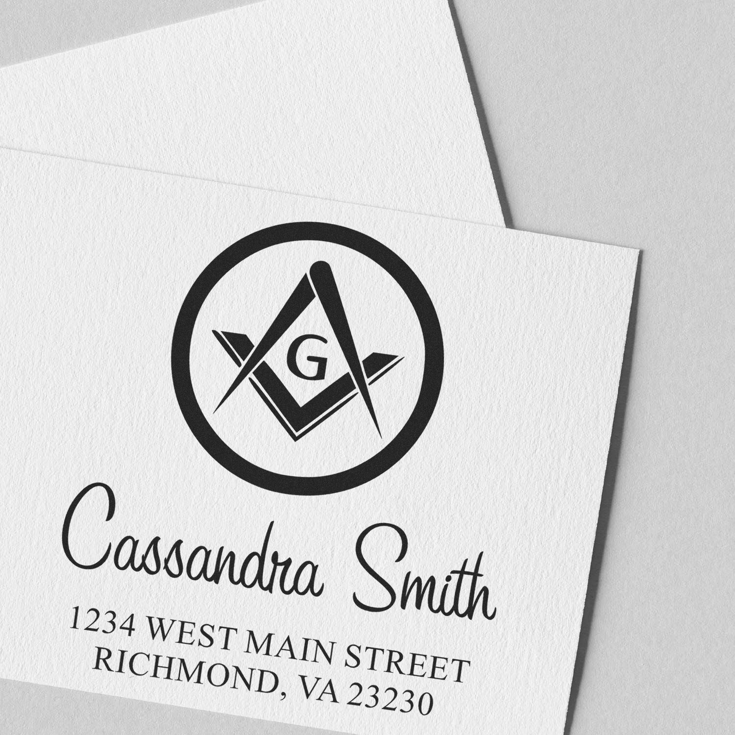 Custom return address rubber stamp with monogram logo, Cassandra Smith, and Richmond, VA address for envelopes.