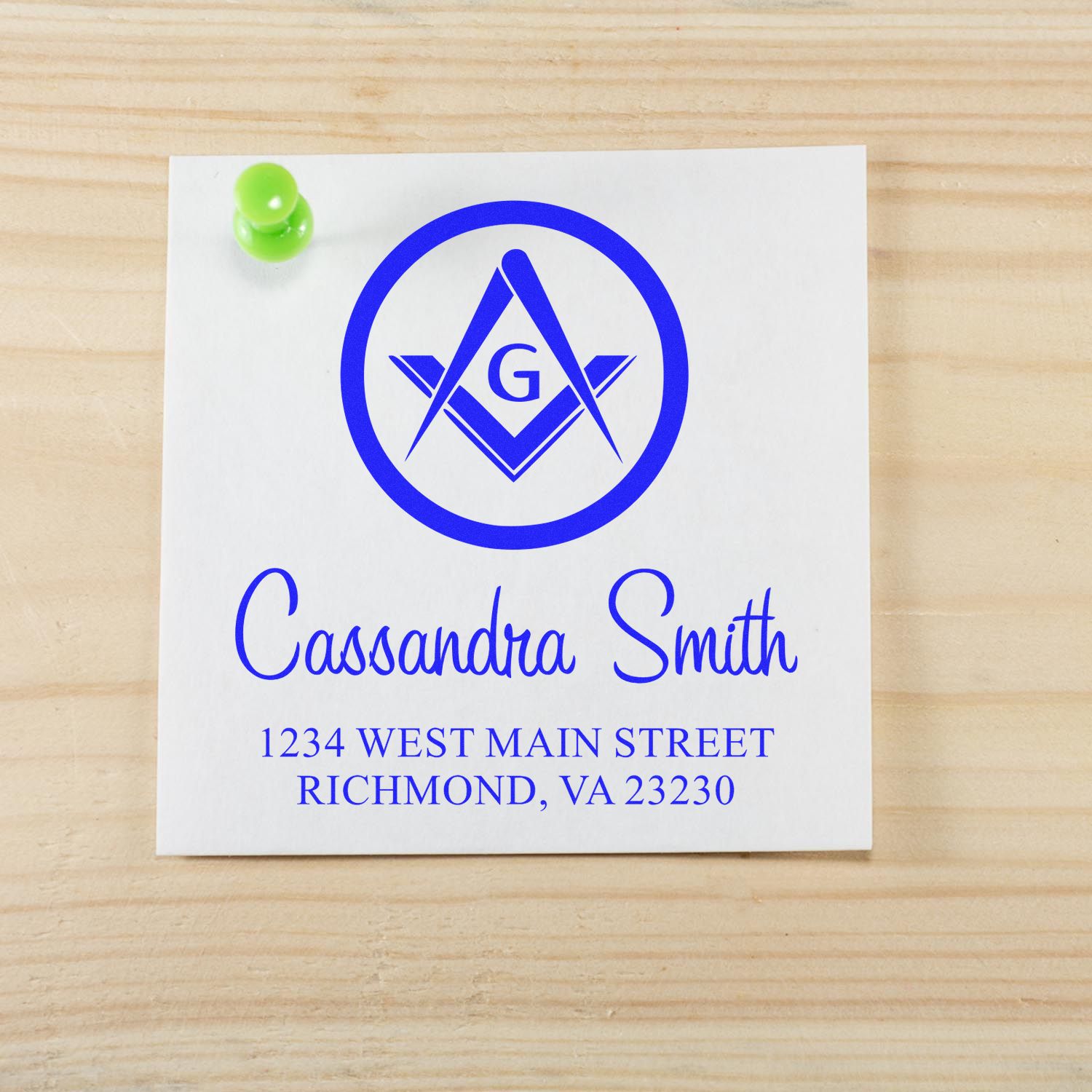 Custom rubber address stamp with blue monogram logo for Cassandra Smith, featuring name and Richmond, VA mailing address.