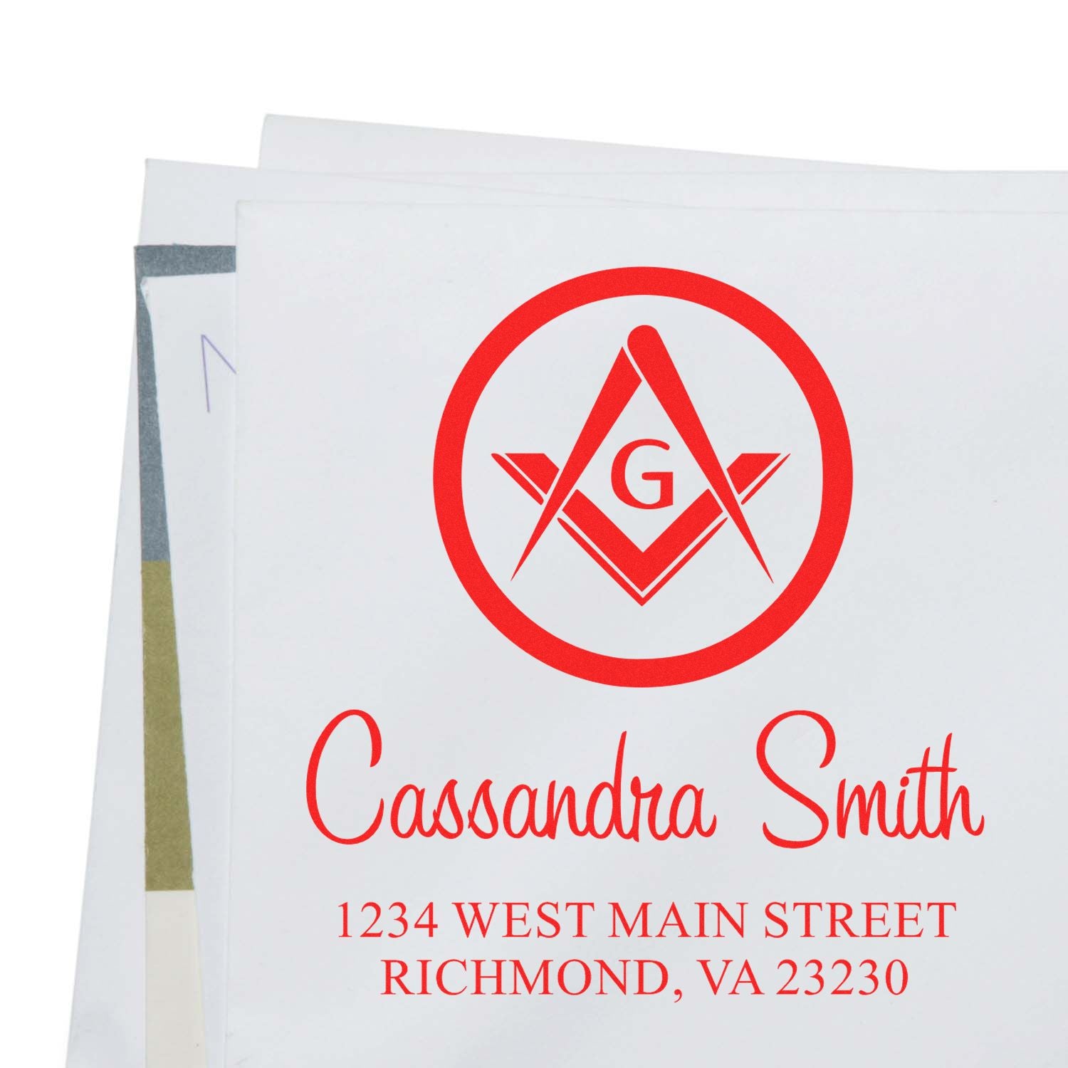 Personalized return address rubber stamp with monogram logo, Cassandra Smith, and Richmond, VA 23230 in red.