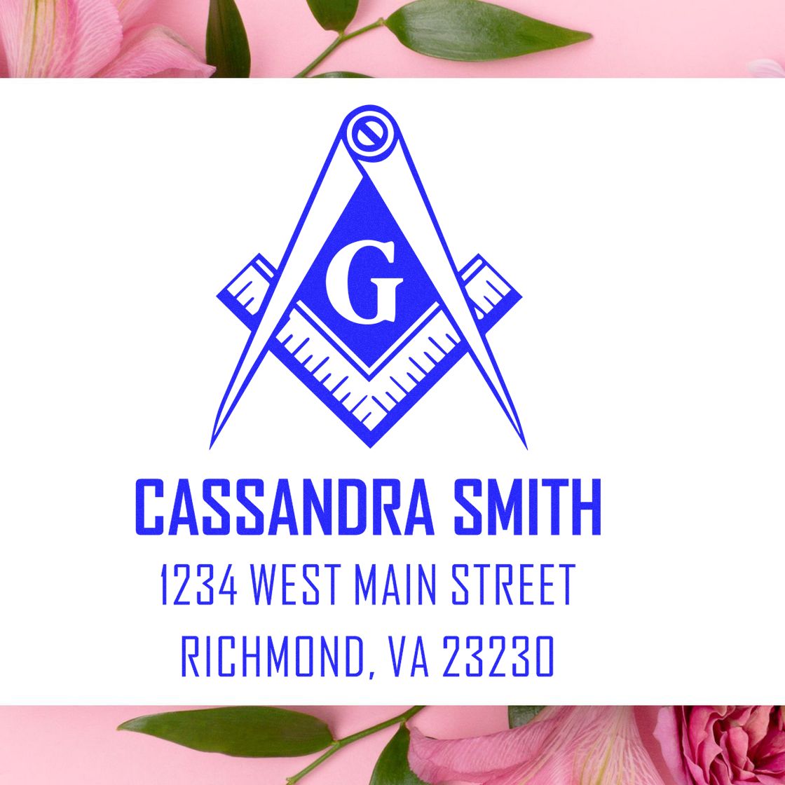 Personalized rubber stamp design for Cassandra Smith with Masonic compass logo and Richmond, VA return address.