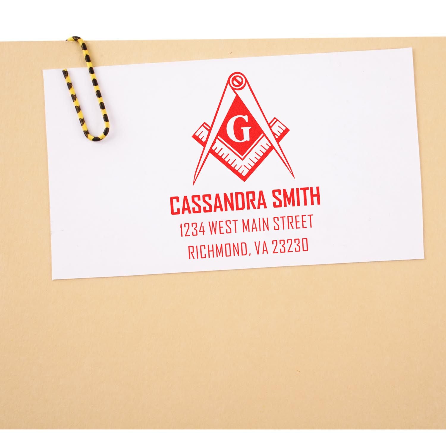 Custom rubber address stamp for Cassandra Smith featuring Masonic compass logo and Richmond, VA return address.