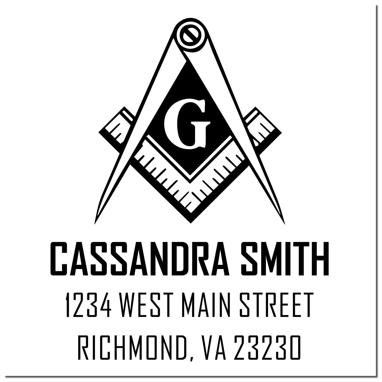 Custom return address rubber stamp with Masonic compass logo, Cassandra Smith, 1234 West Main Street, Richmond, VA 23230.