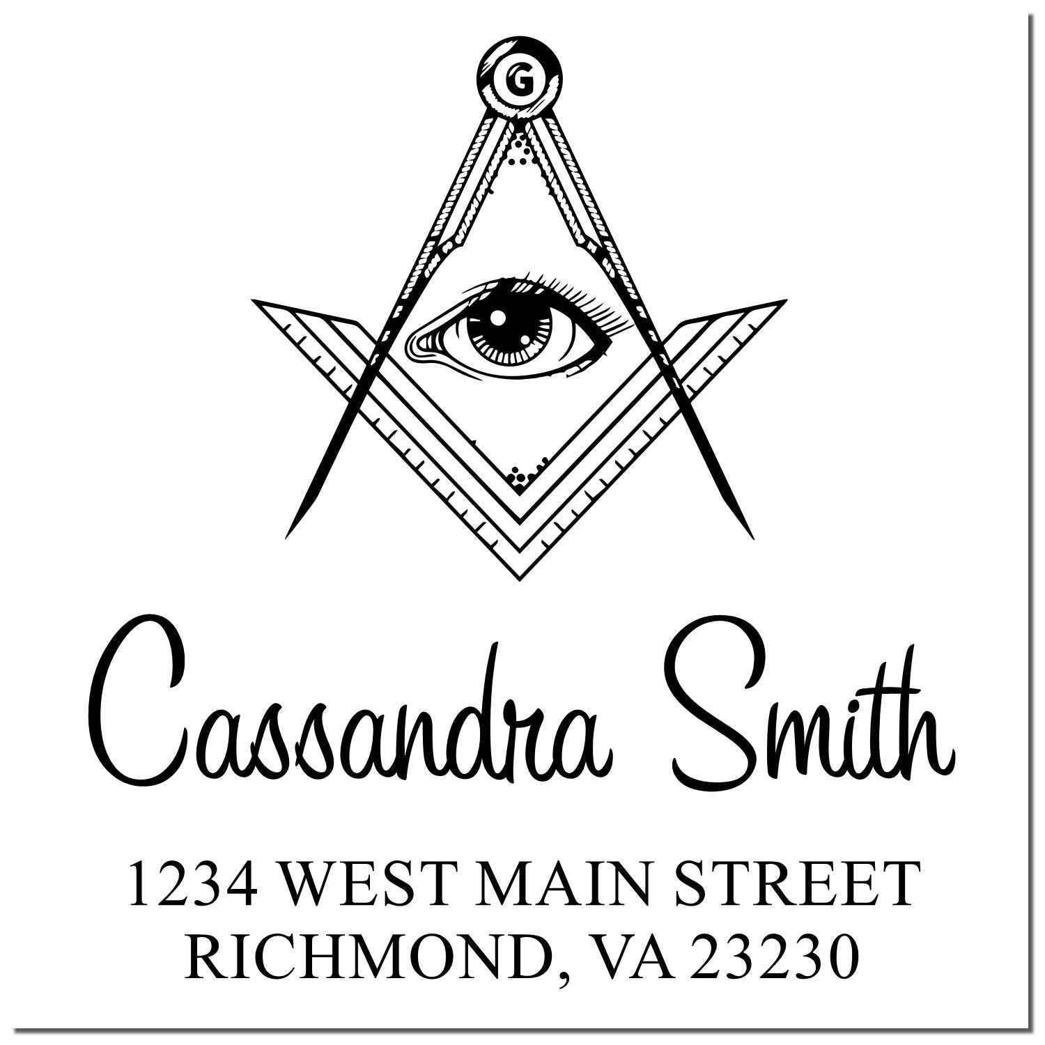 Custom return address rubber stamp with eye compass design for Cassandra Smith, 1234 West Main Street, Richmond, VA 23230