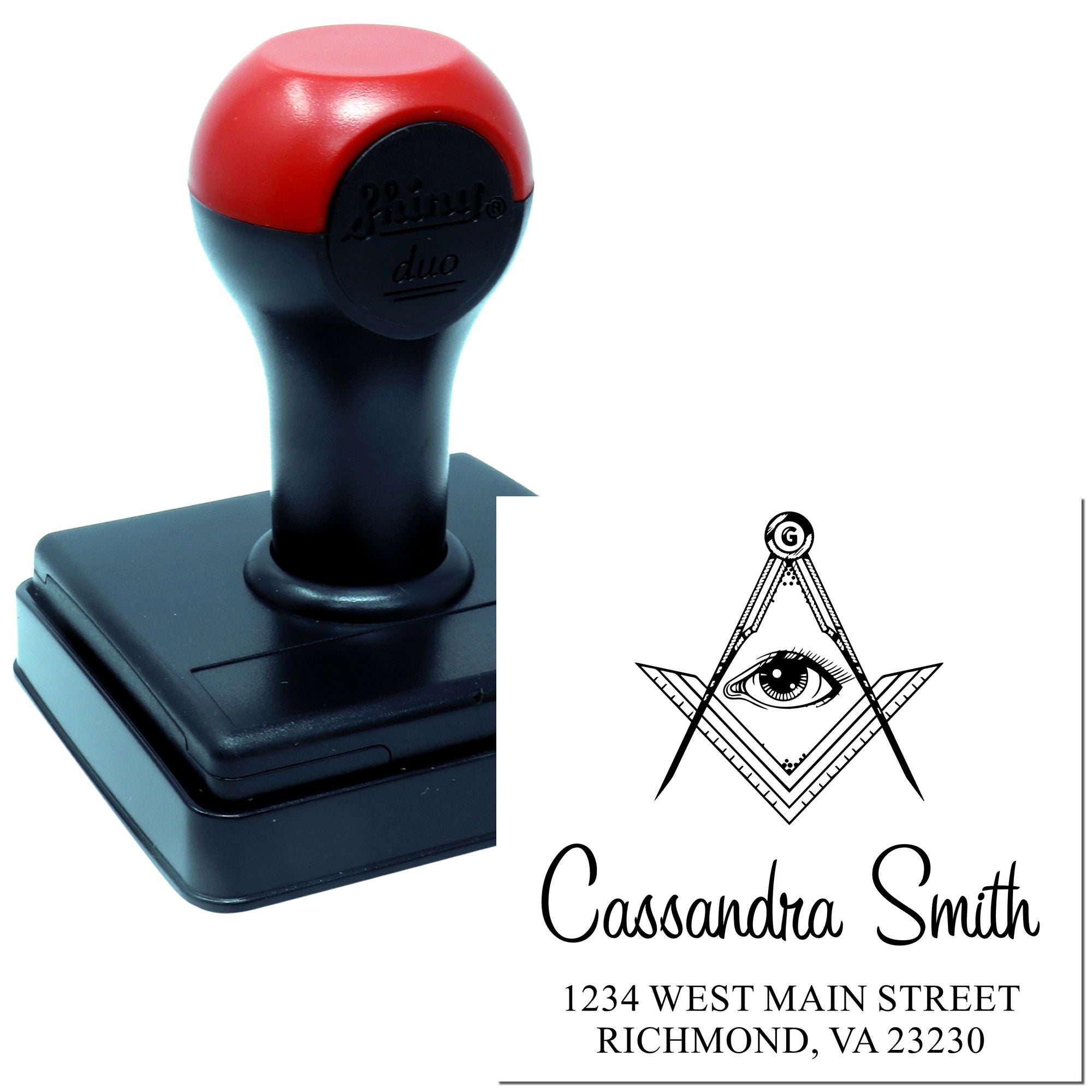 Custom self-inking return address rubber stamp with eye logo for Cassandra Smith, Richmond VA.