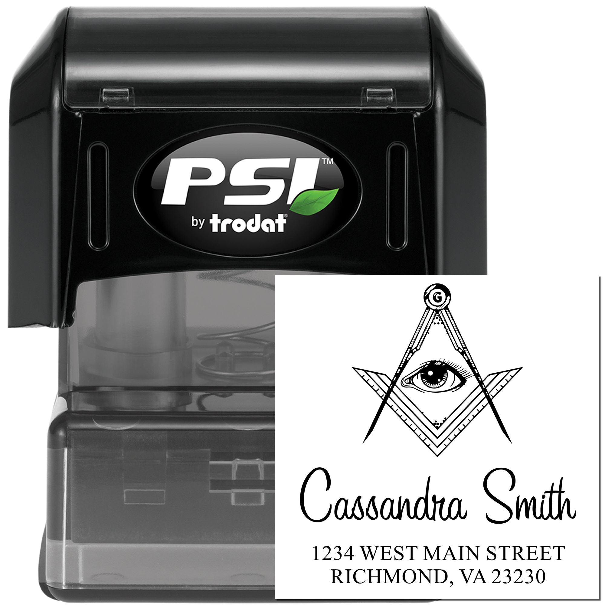 Black PSI by Trodat self-inking rubber stamp with custom Masonic name and address design for Cassandra Smith, Richmond, VA.