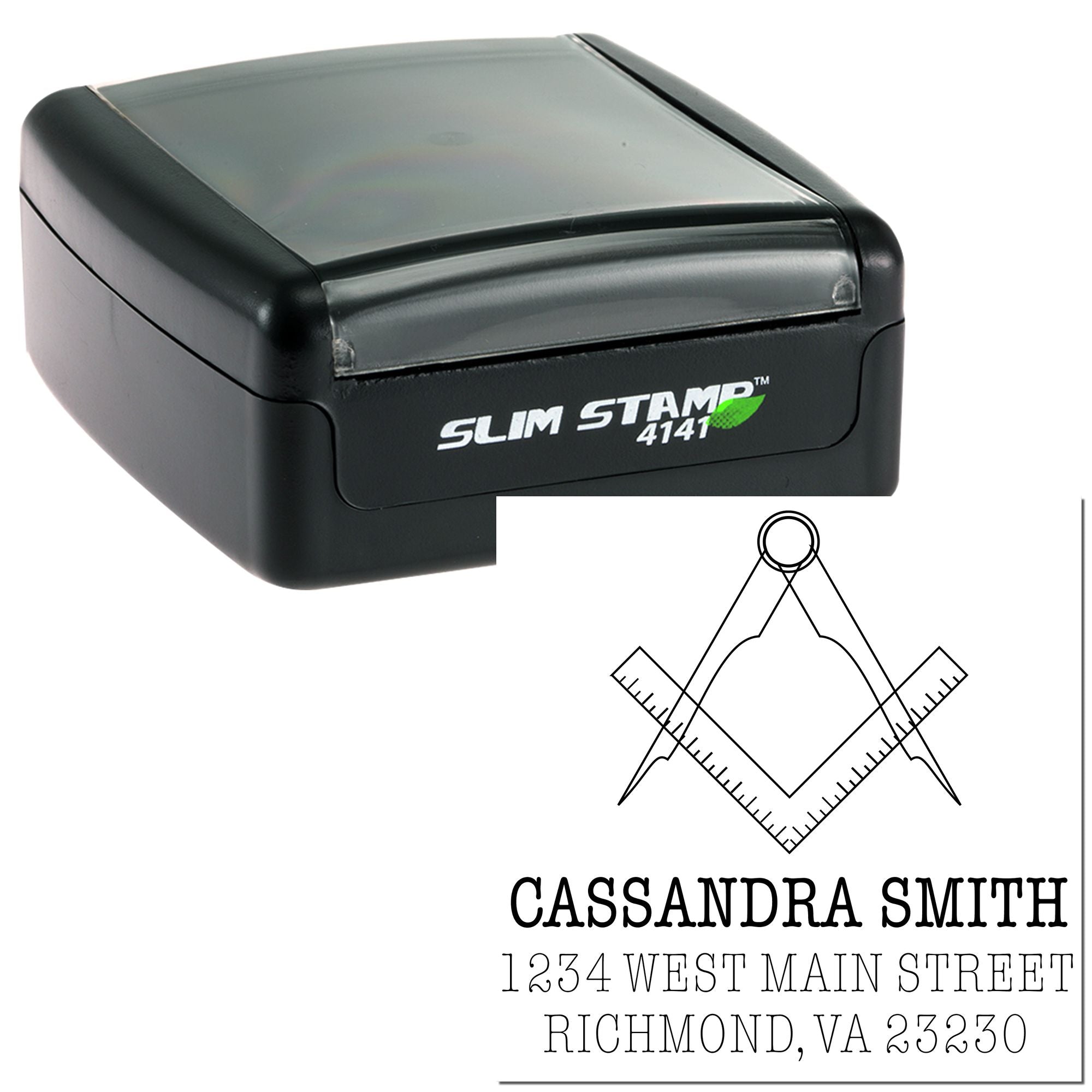 Custom self-inking rubber stamp with Masonic square and compass logo, name, and address for return mail.