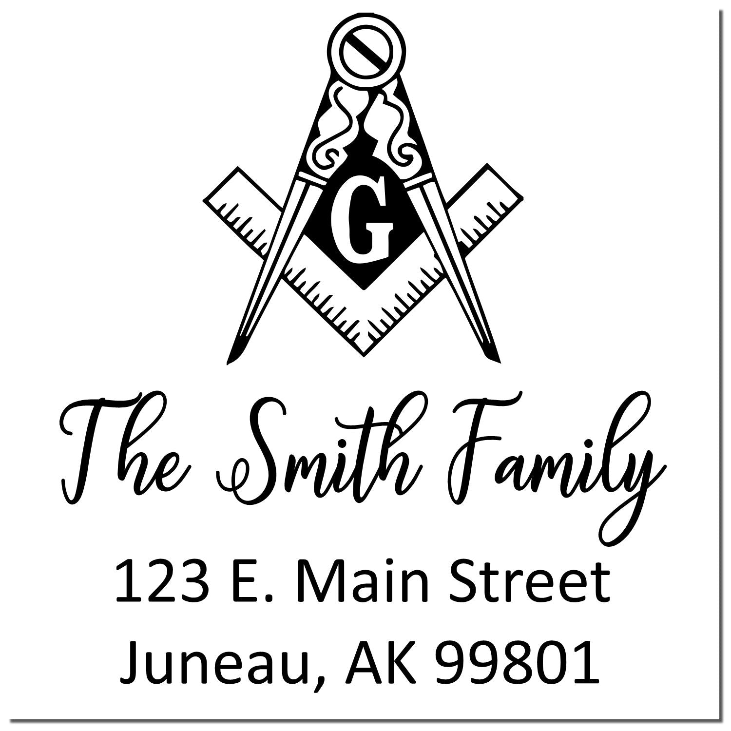 Custom Masonic return address rubber stamp with compass and square logo, The Smith Family, Juneau, AK 99801.