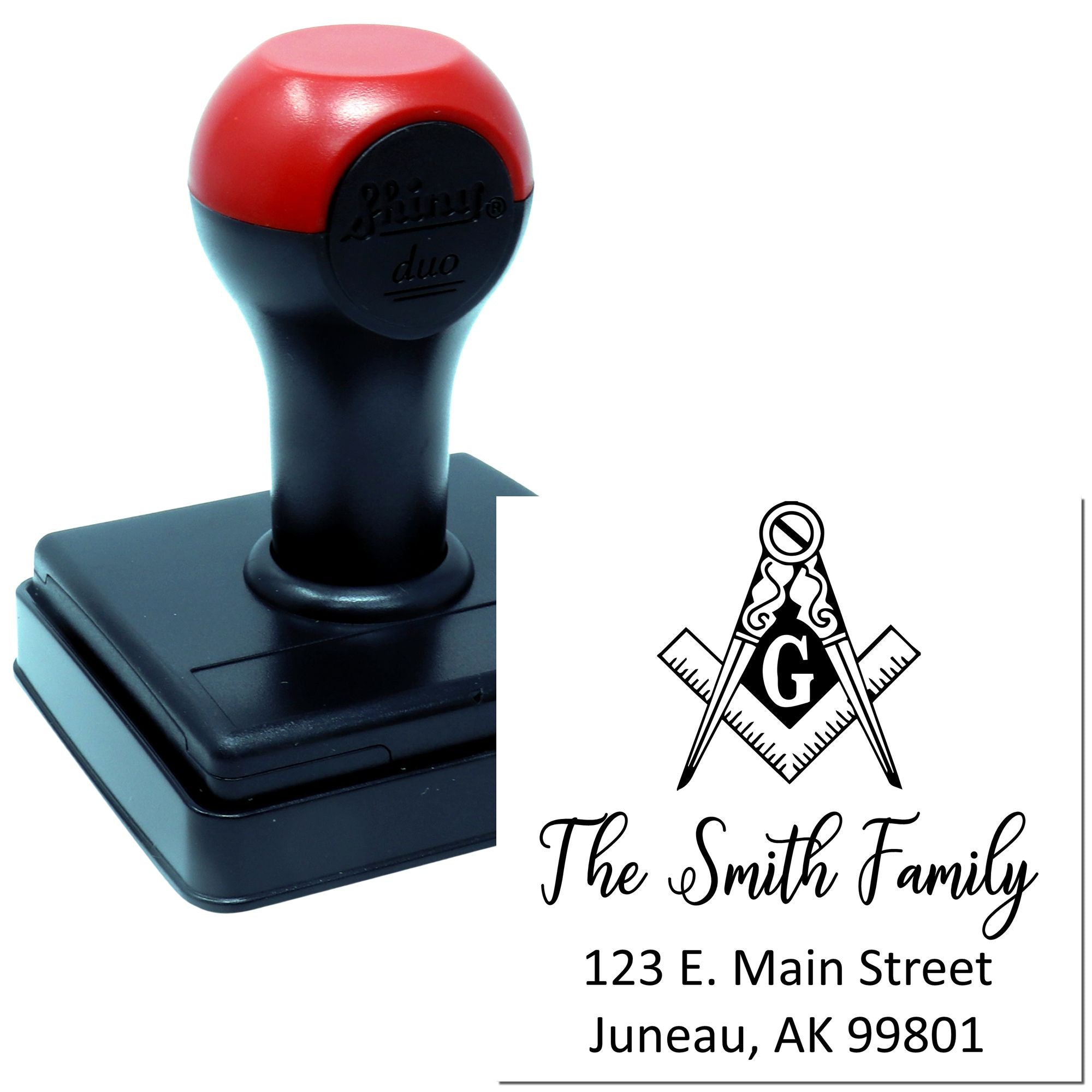 Custom self-inking rubber stamp with Masonic return address for The Smith Family, 123 E. Main Street, Juneau, AK 99801