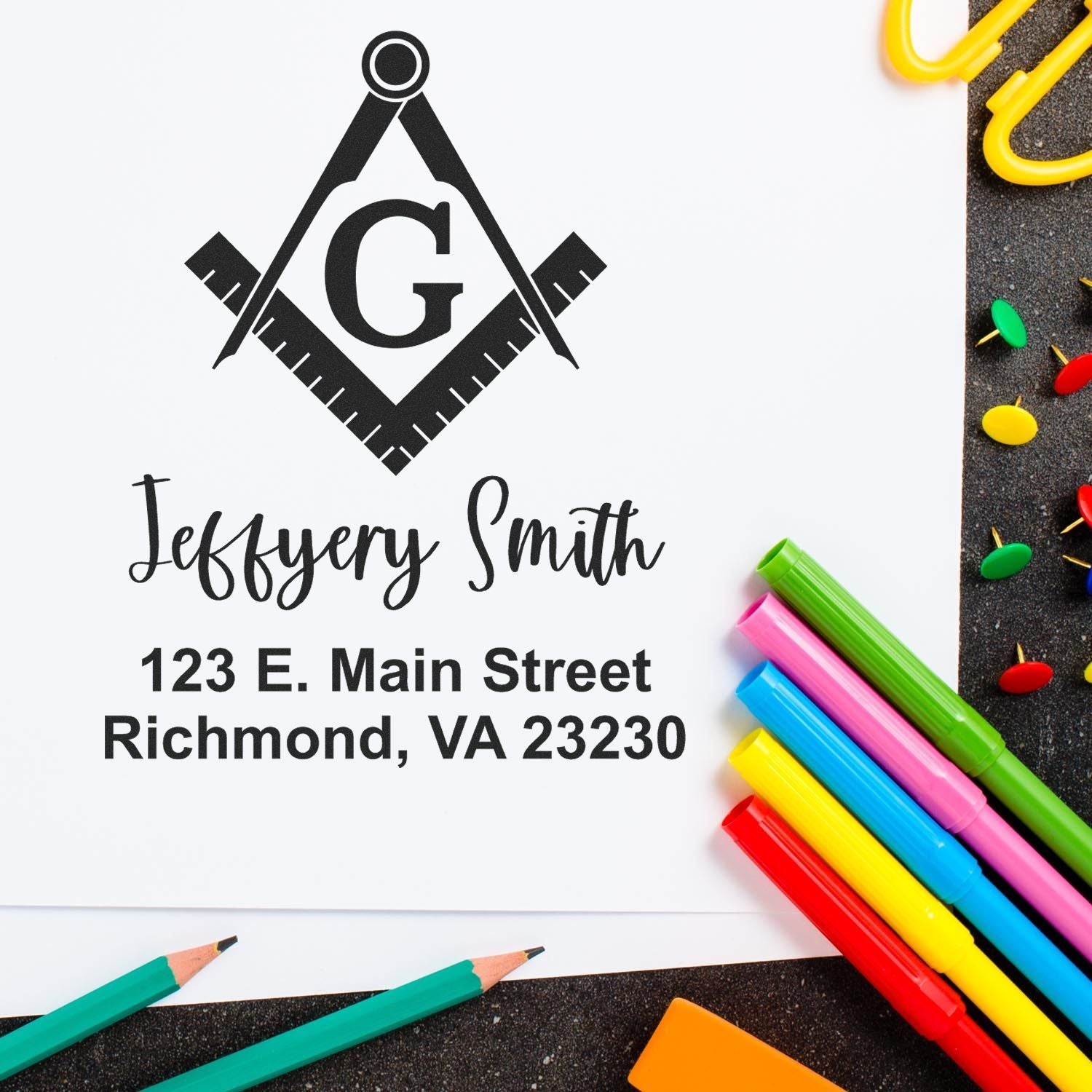 Custom business rubber stamp with logo, Jeffery Smith name, and Richmond, VA 23230 address.