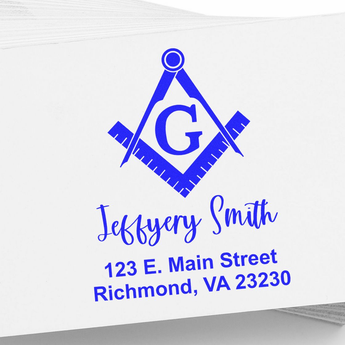 Custom blue rubber stamp with logo, Jeffery Smith name, and Richmond, VA 23230 return address for business mail.