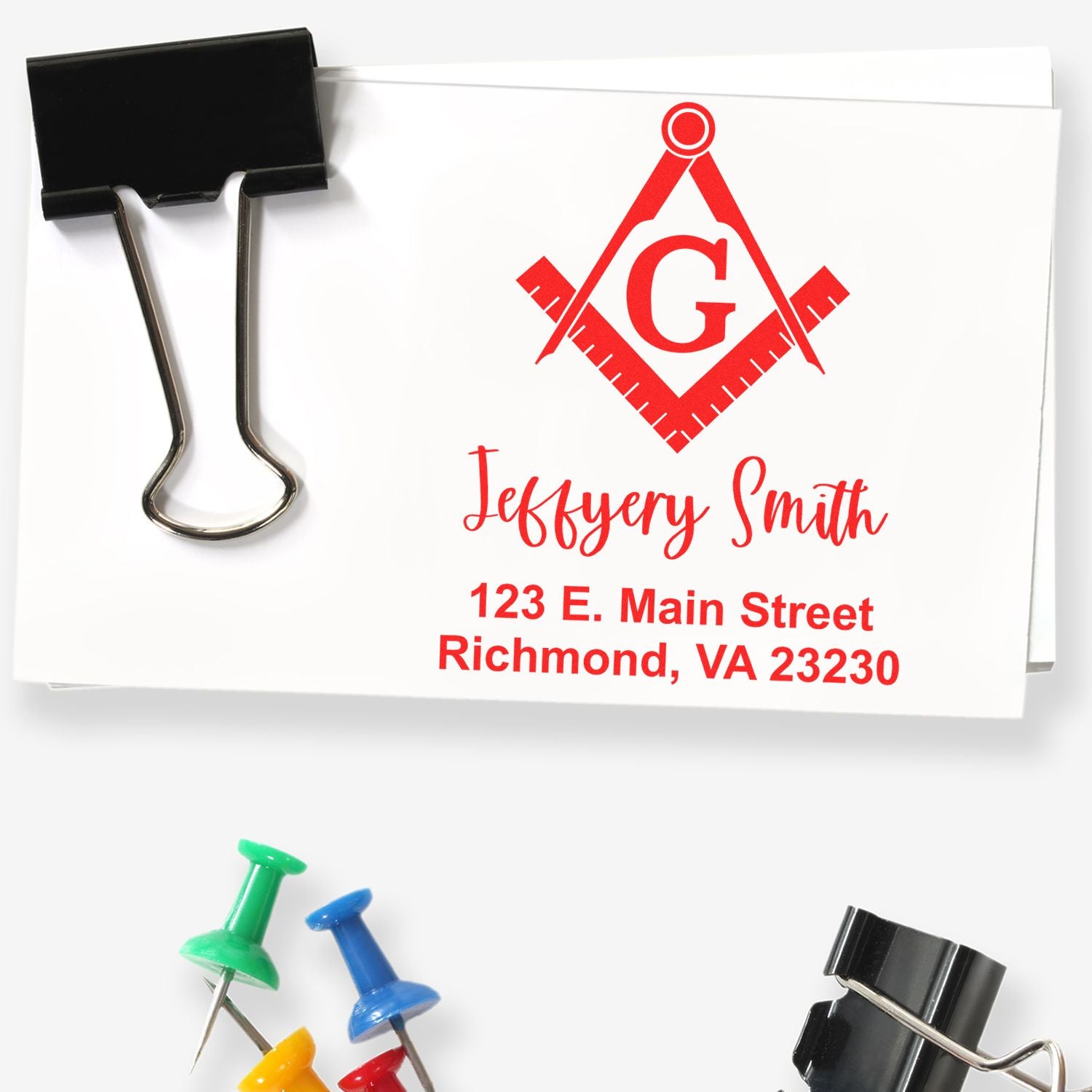 Personalized return address rubber stamp design with logo, Jeffery Smith name, and Richmond, VA address.