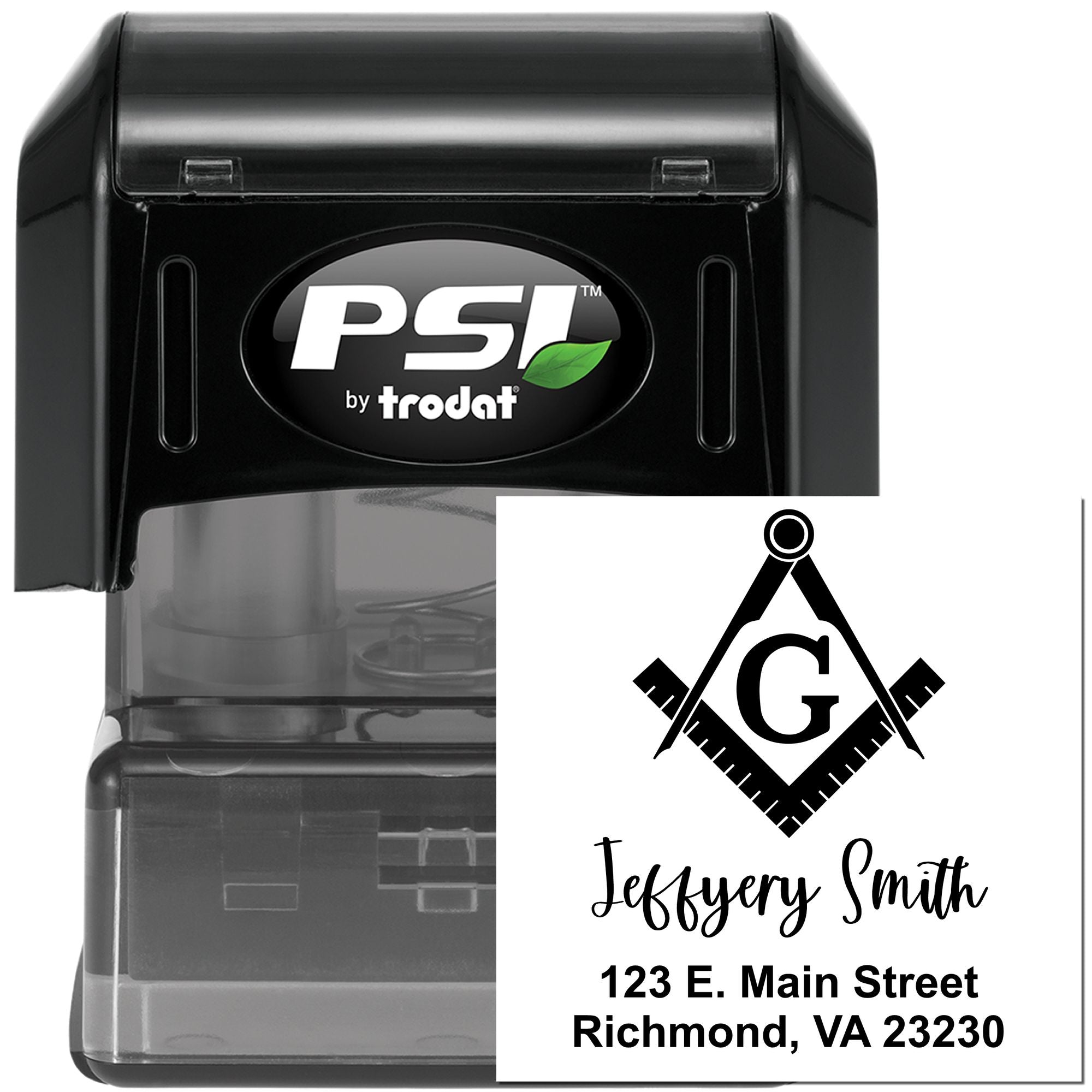 PSI by Trodat self-inking rubber stamp with custom jewelry logo, name, and address imprint