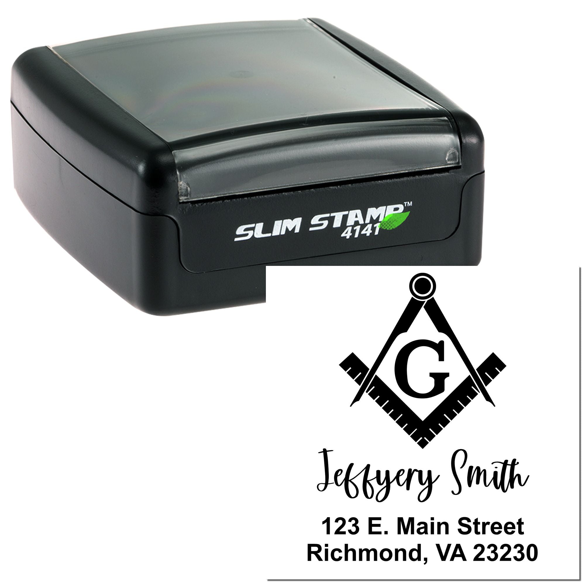 Custom self-inking address rubber stamp with logo, name, and Richmond, VA business details