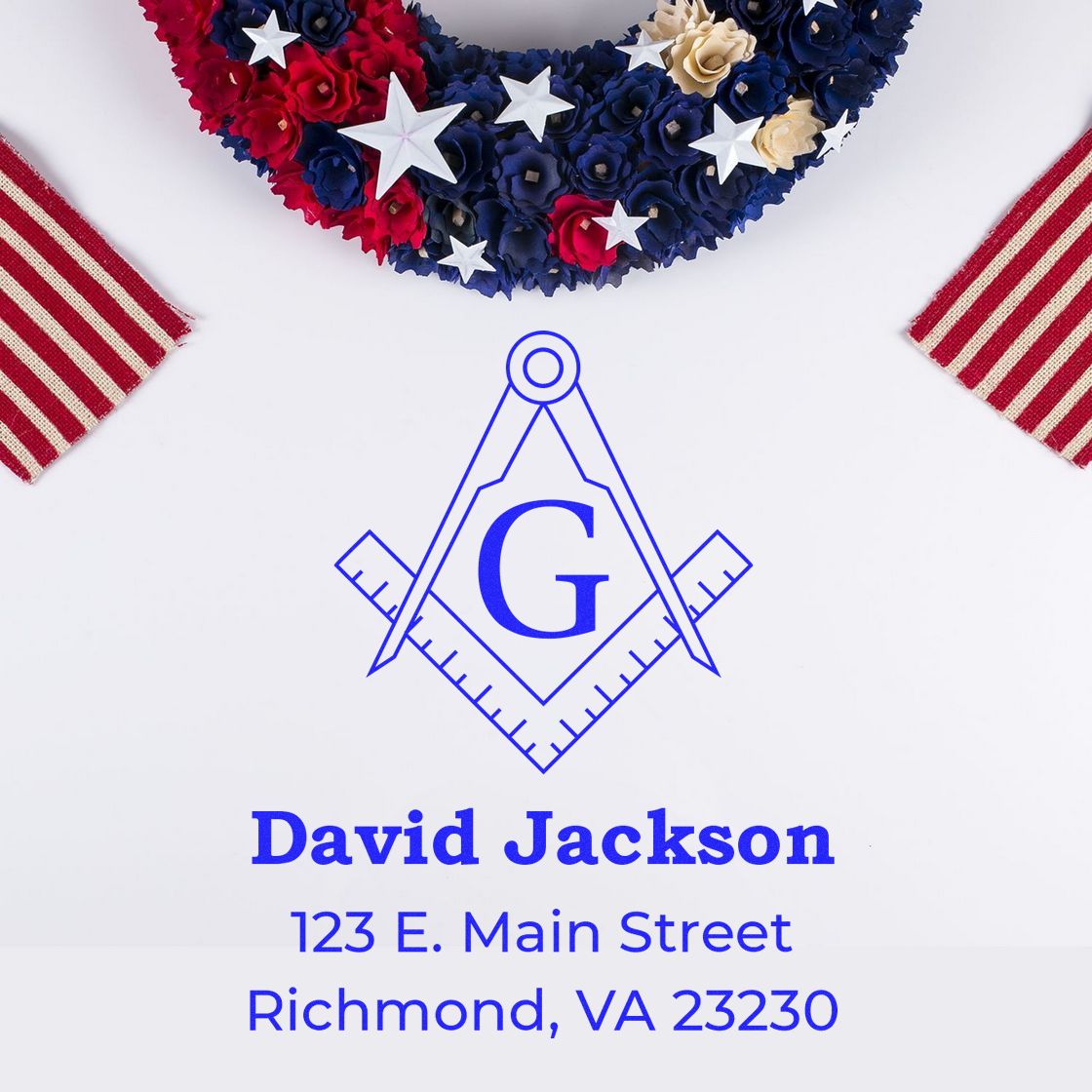 Custom return address rubber stamp for David Jackson with monogram G and Richmond, VA address.