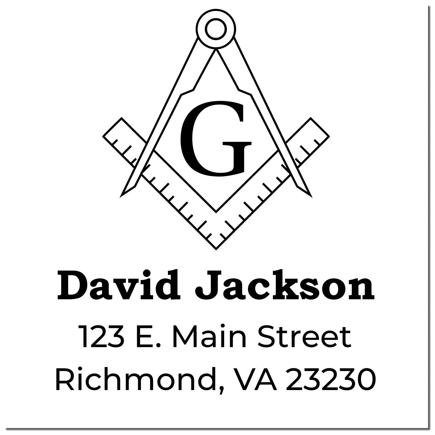 Custom Masonic address rubber stamp with compass and square logo, David Jackson, 123 E. Main Street, Richmond, VA 23230.