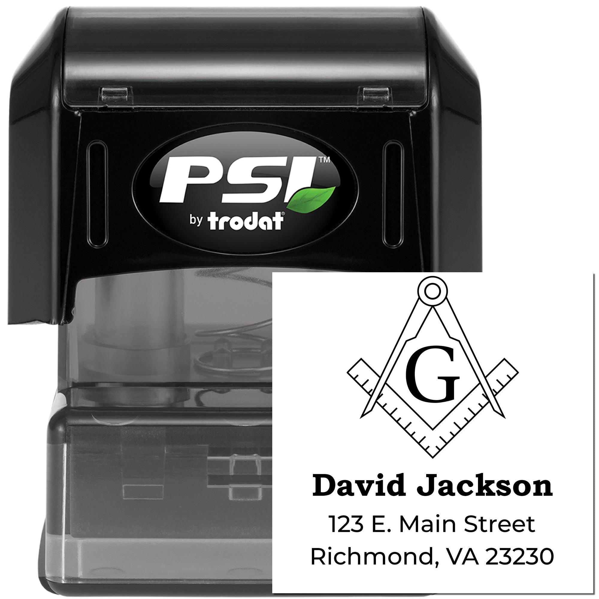 Custom self-inking address rubber stamp with monogram logo, David Jackson, and Richmond, VA 23230.