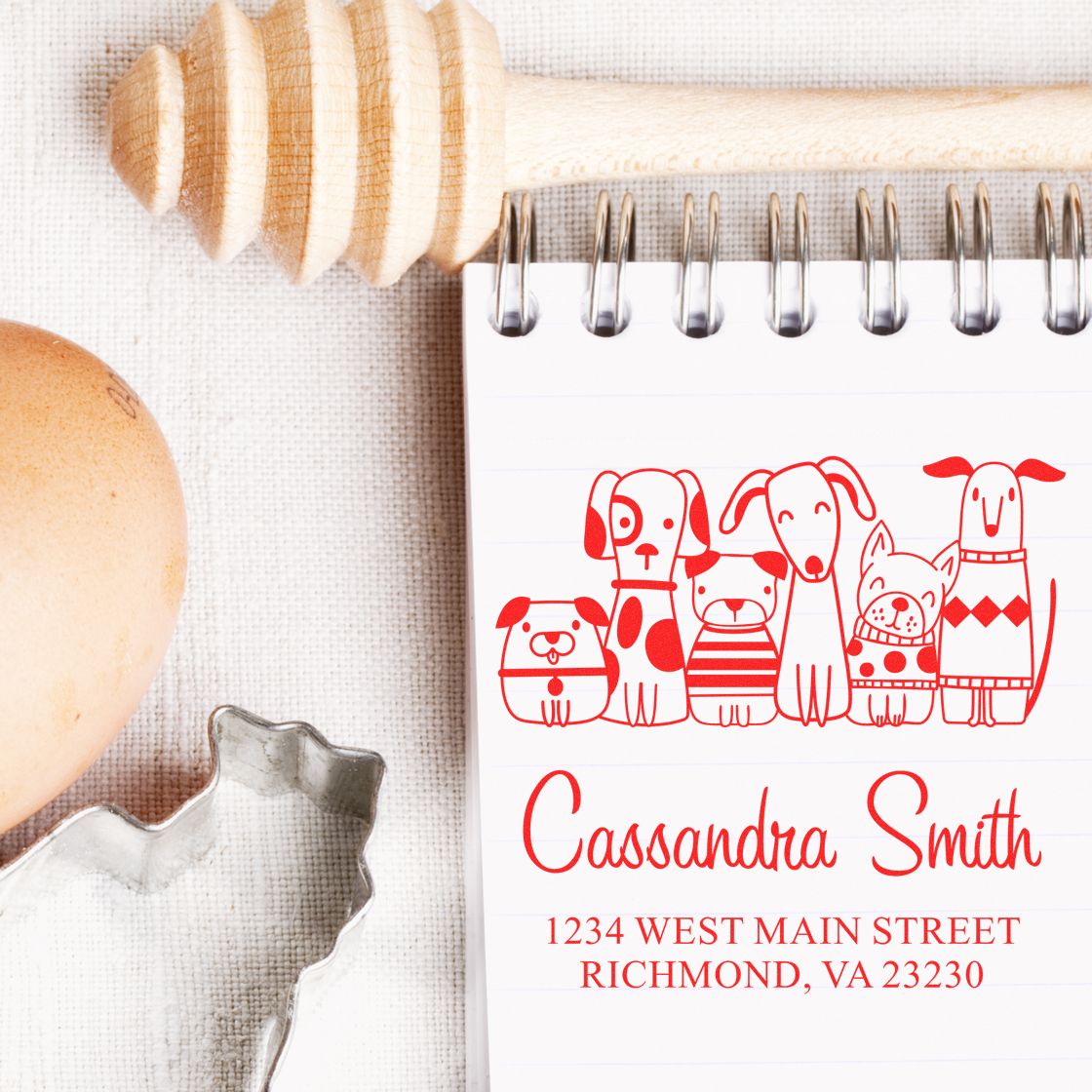 Personalized dog-themed rubber stamp with name and address, ideal for custom return address labels.
