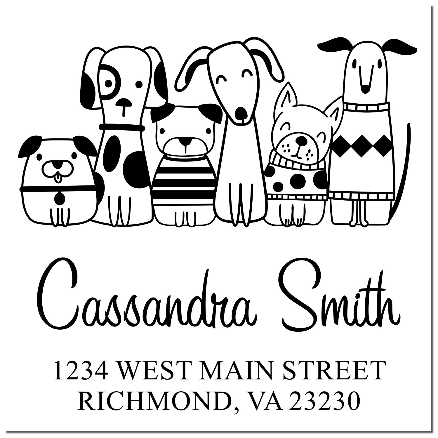 Custom dog family return address rubber stamp with six cartoon dogs, Cassandra Smith, Richmond, VA 23230.