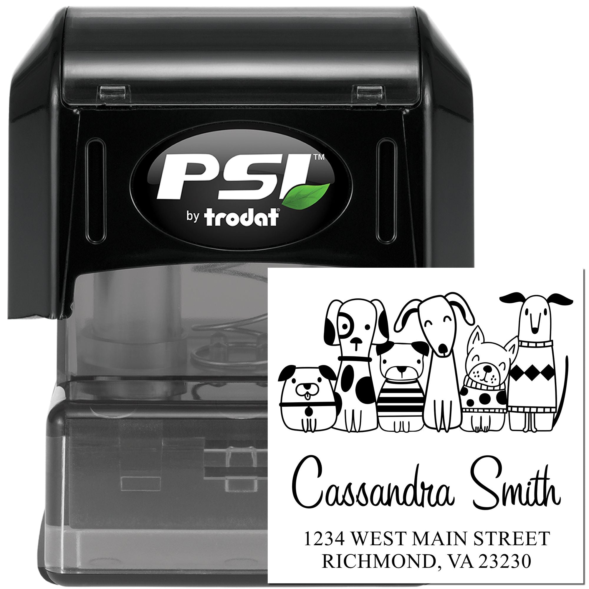 Custom self-inking rubber stamp by PSI by Trodat featuring pet dog art and name/address for personalized return labels.