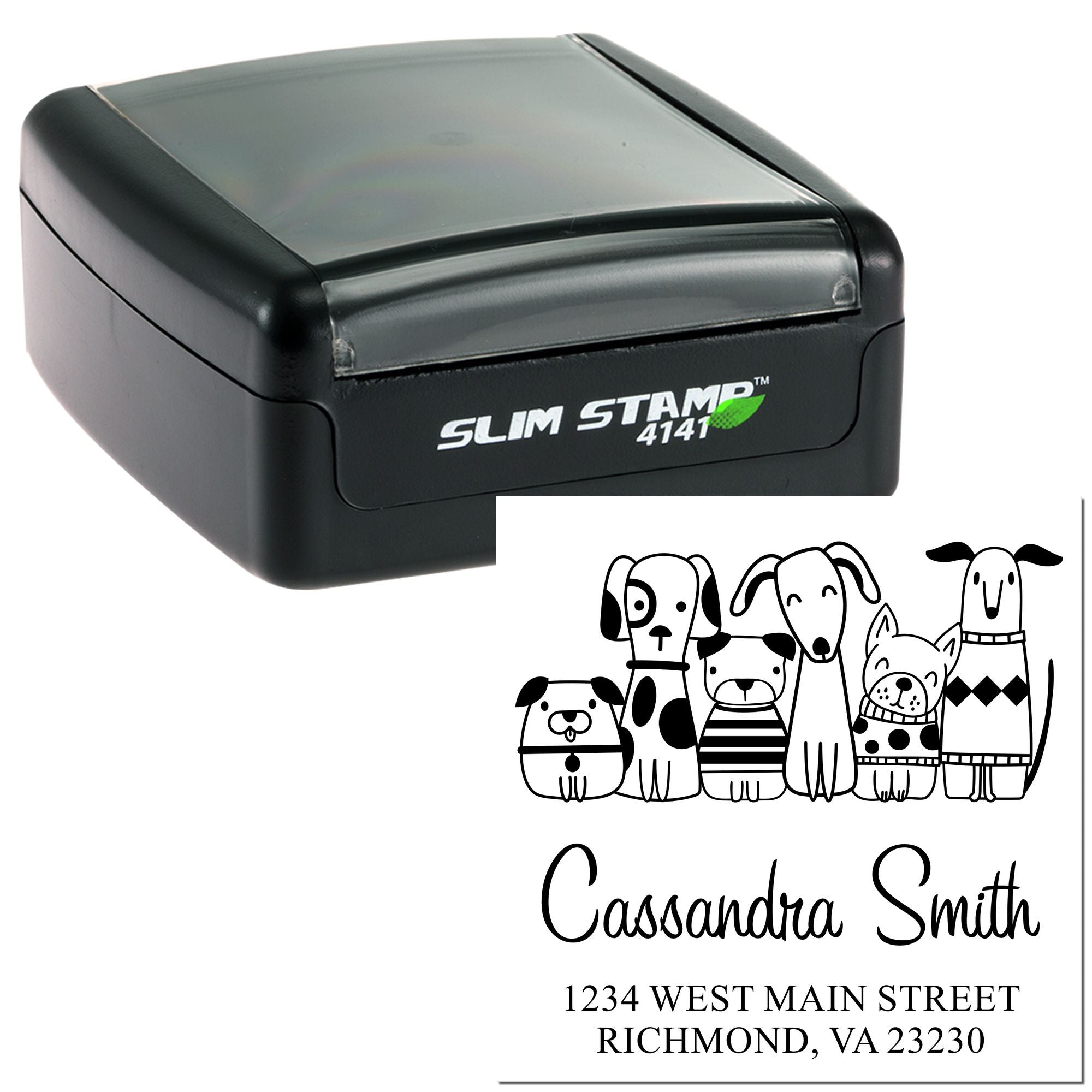 Custom self-inking rubber address stamp with pet illustrations and return address for dog lover mailings.
