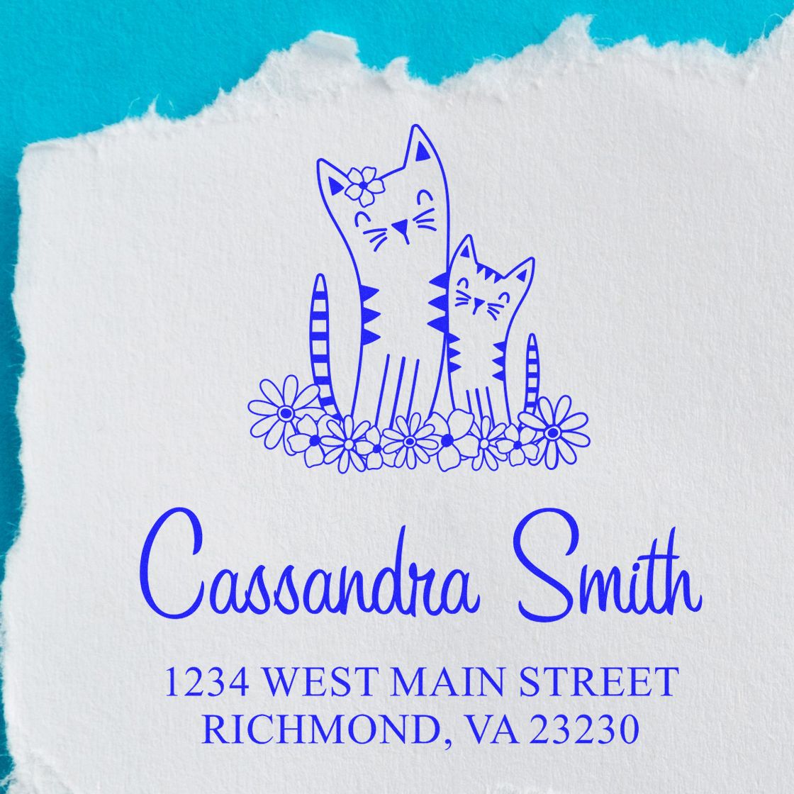 Custom cat return address rubber stamp for Cassandra Smith, 1234 West Main Street, Richmond, VA 23230.
