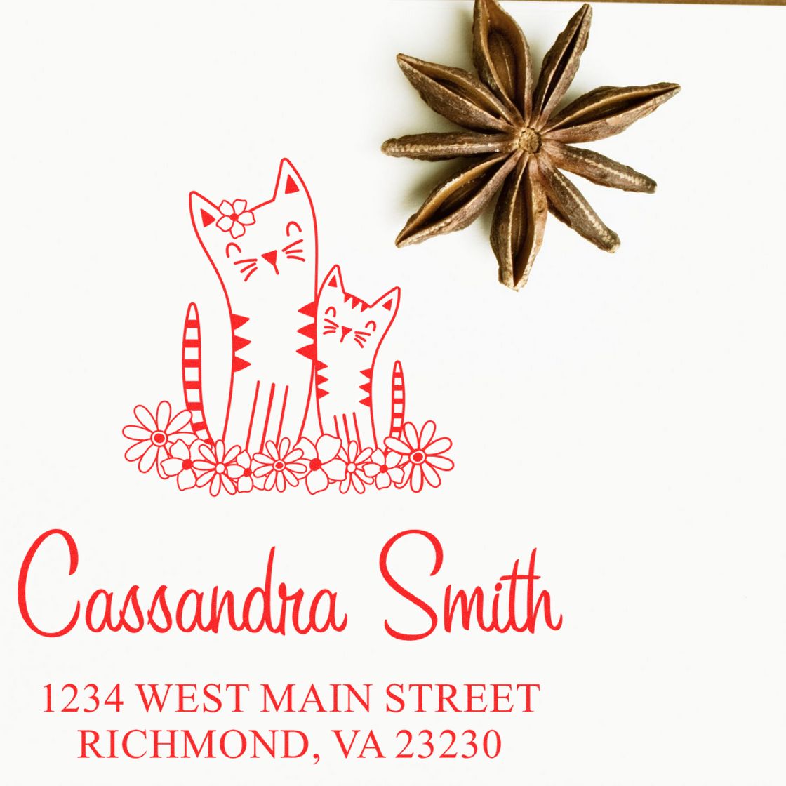 Custom cat address rubber stamp with floral design for Cassandra Smith, 1234 West Main Street, Richmond, VA 23230