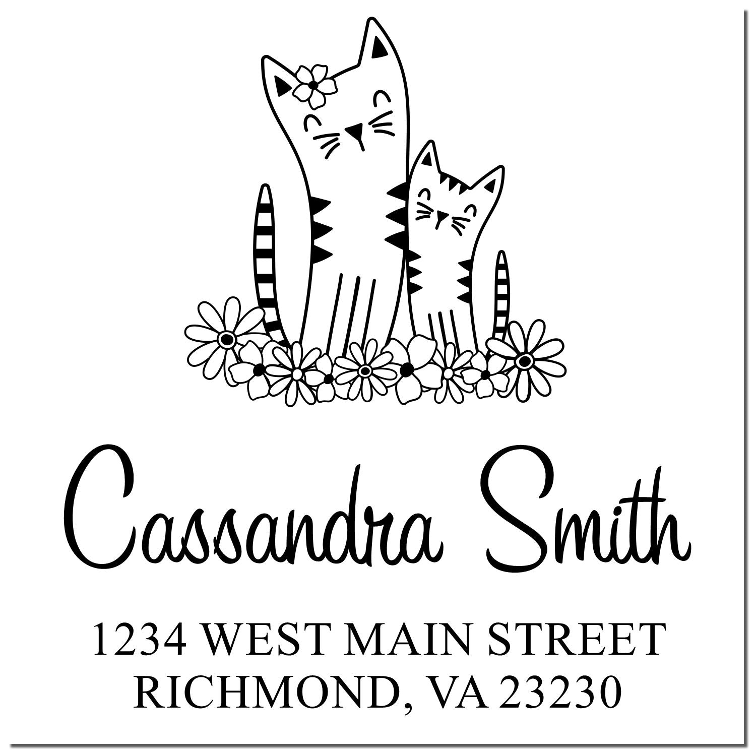 Custom cat return address rubber stamp with floral kittens, personalized for Cassandra Smith, Richmond, VA 23230.