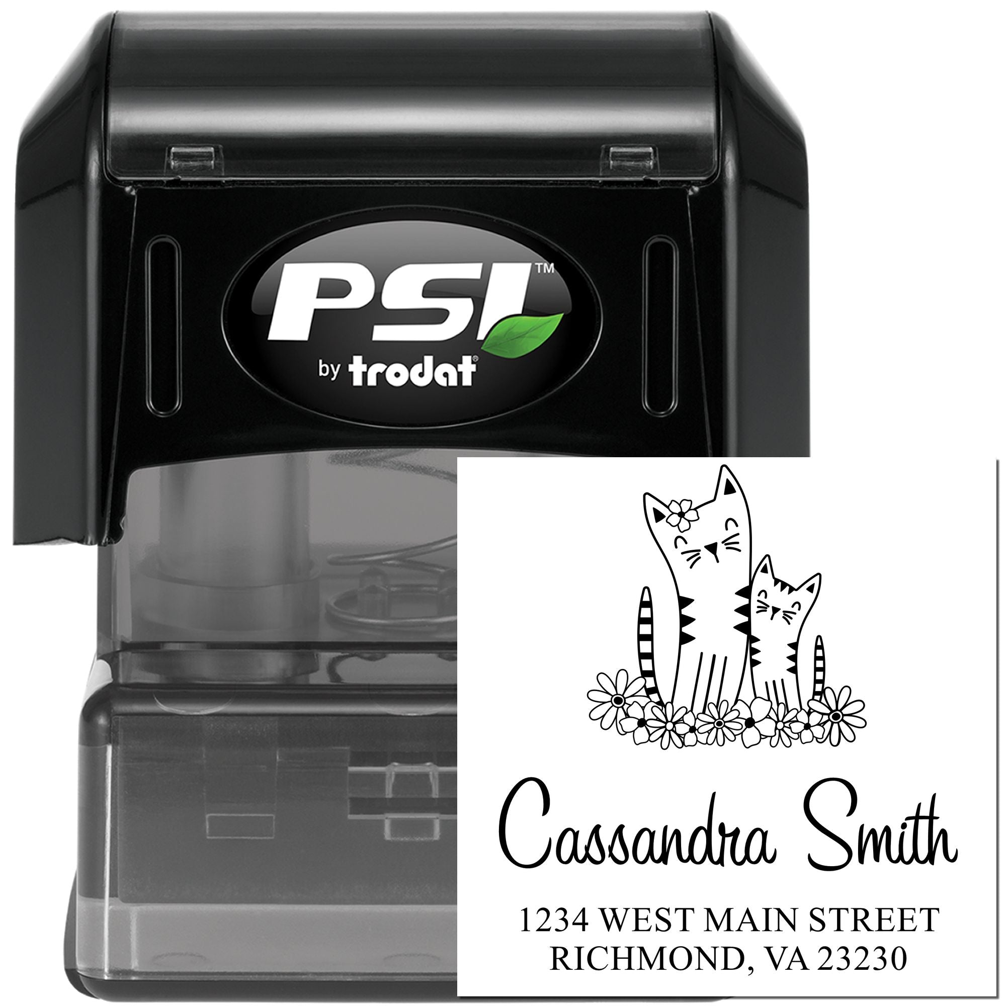 PSI by Trodat self-inking return address stamp with cat design, personalized name and address for custom rubber stamp use.
