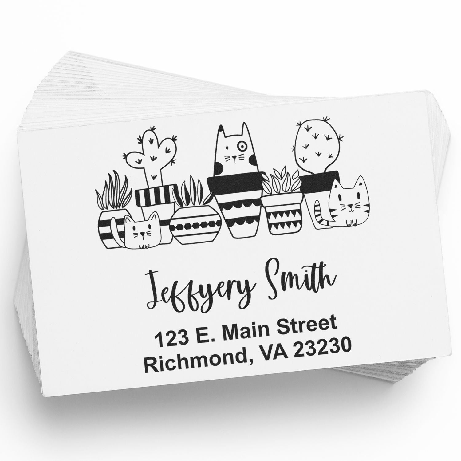 Custom return address rubber stamp with cactus and cat design, personalized for Jeffery Smith, Richmond, VA.