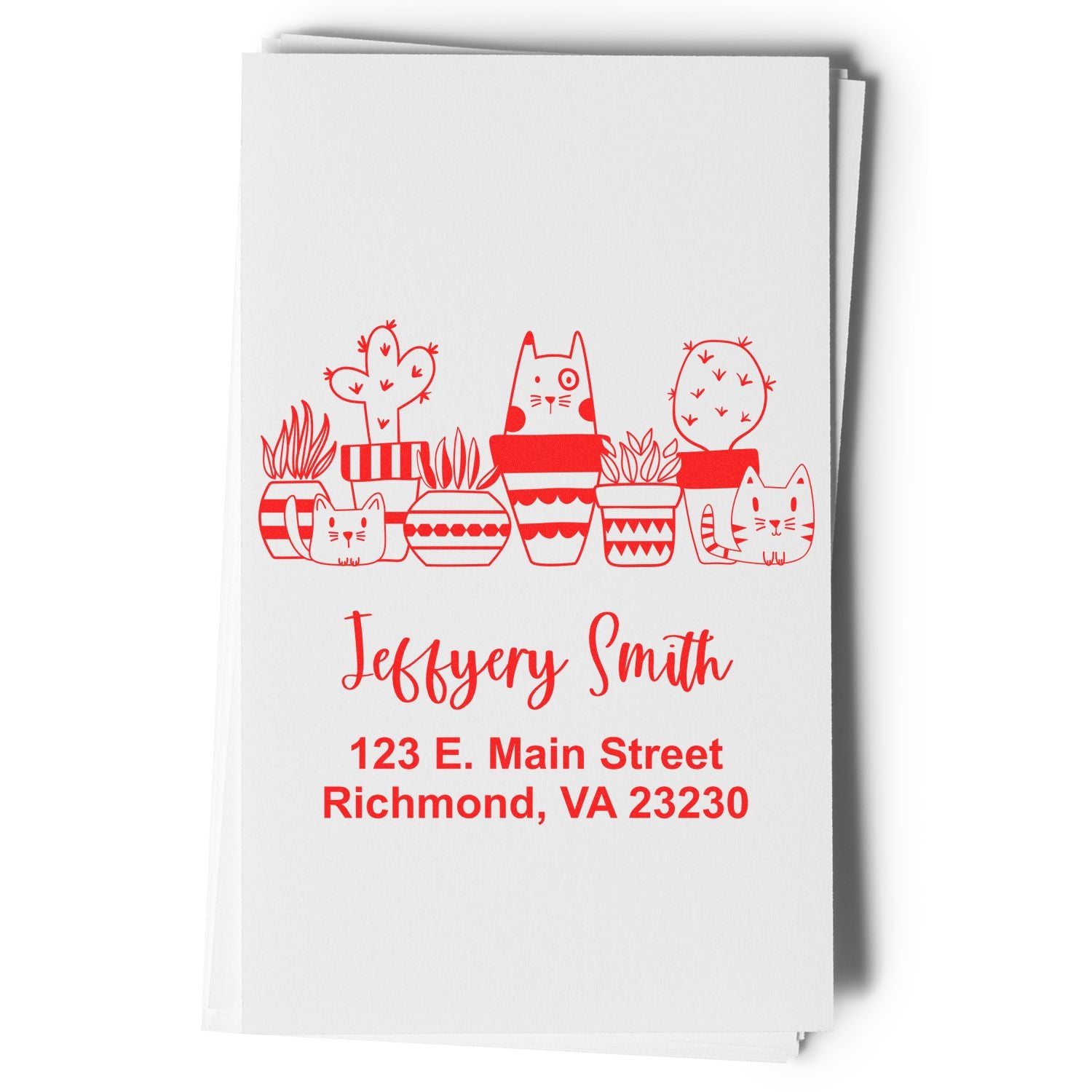Personalized rubber address stamp with cactus and cat design, featuring Jeffery Smith return address in Richmond, VA.