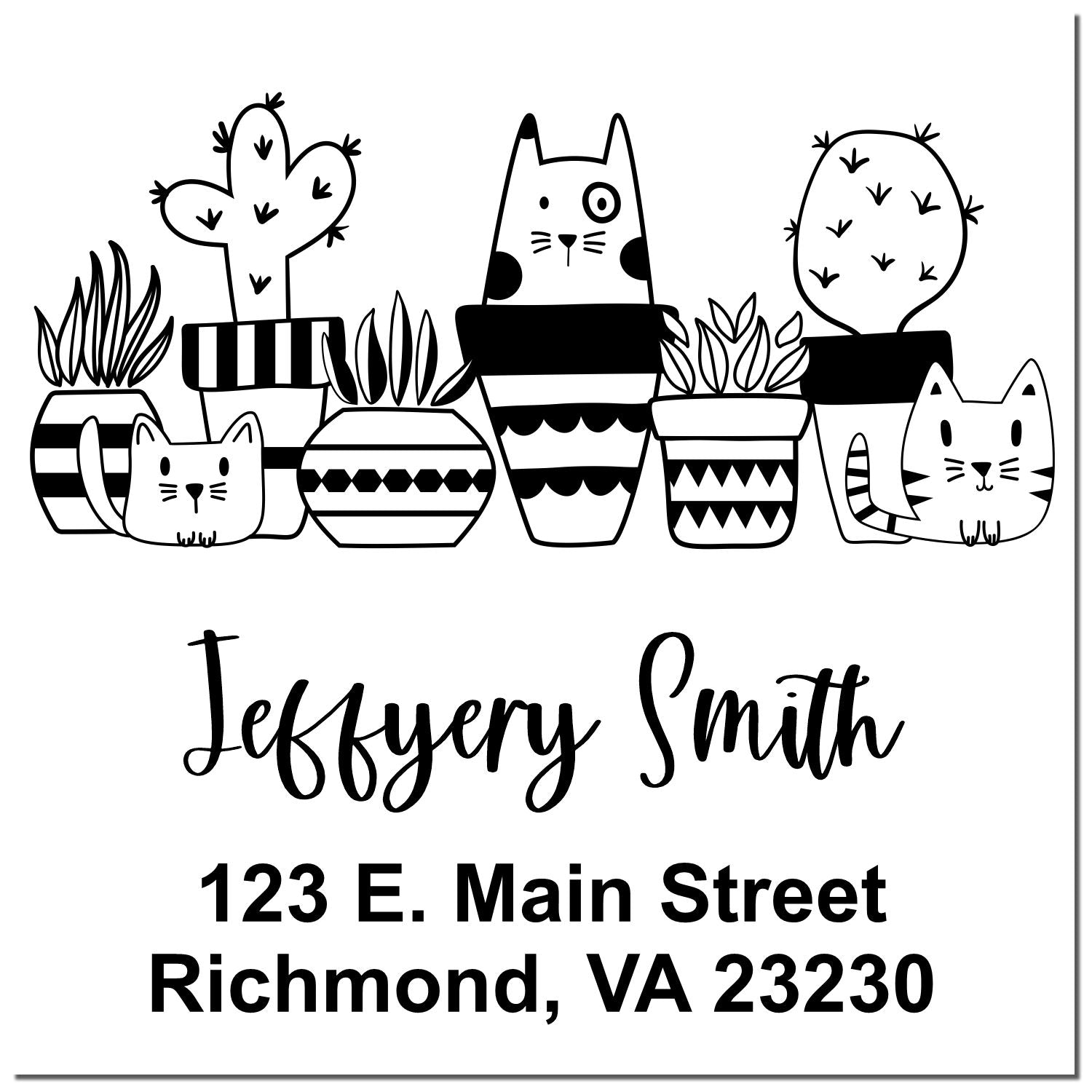 Custom address rubber stamp with cats and potted cacti, personalized with name and Richmond, VA return address.
