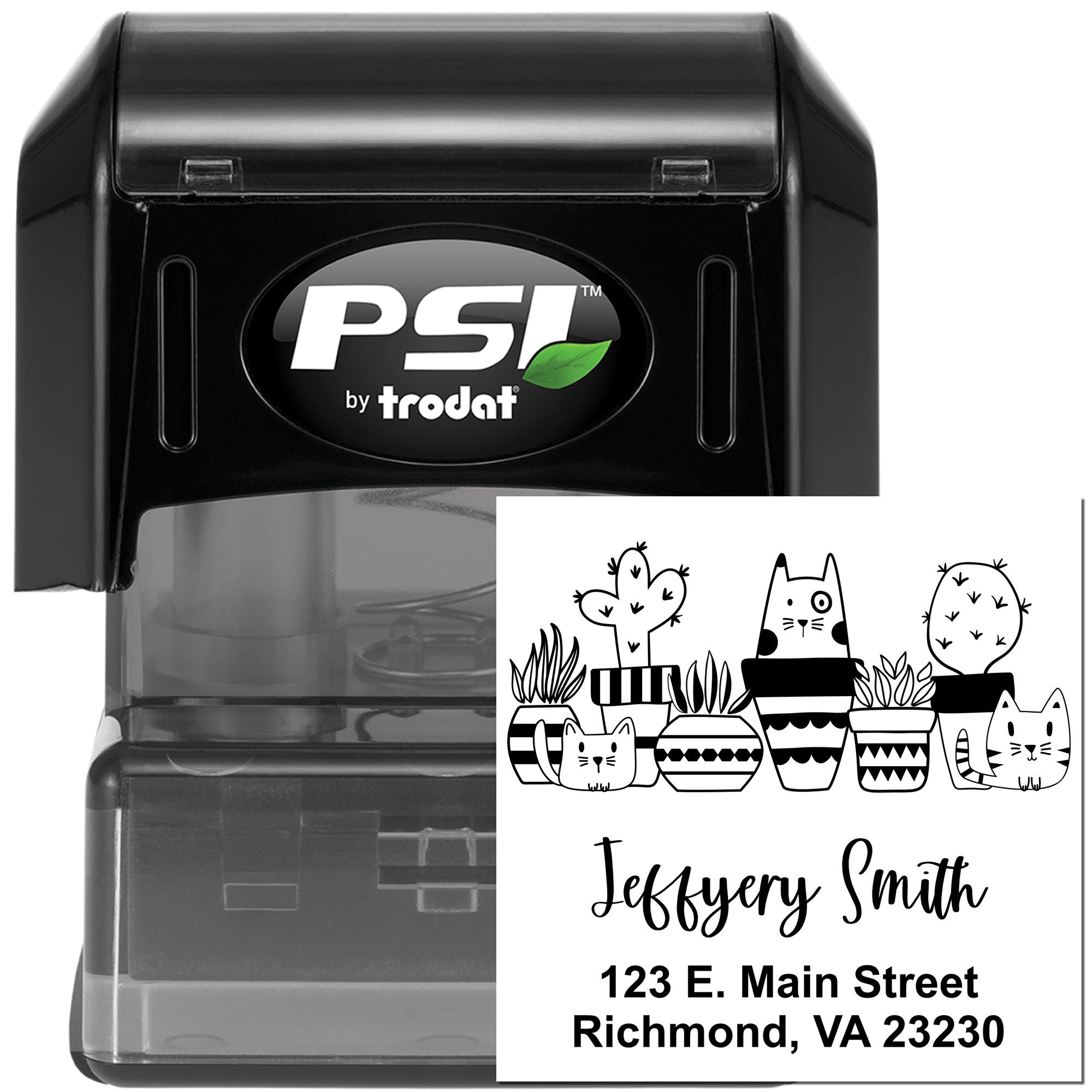 PSI by Trodat custom self-inking rubber stamp with cat return address design for Jeffrey Smith, Richmond, VA