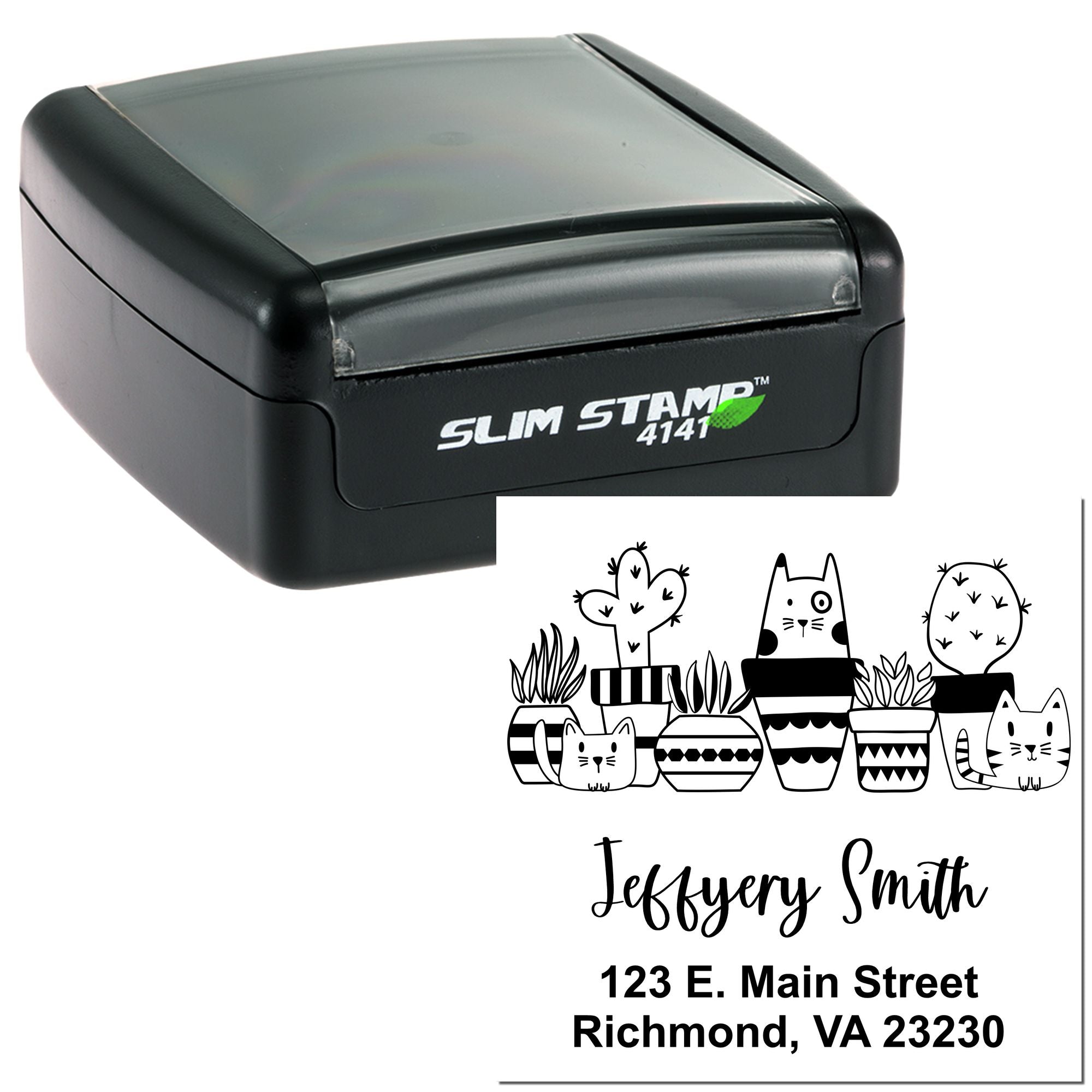 Self-inking Slim Stamp rubber stamp with custom cat cactus return address design for personalized mailing envelopes
