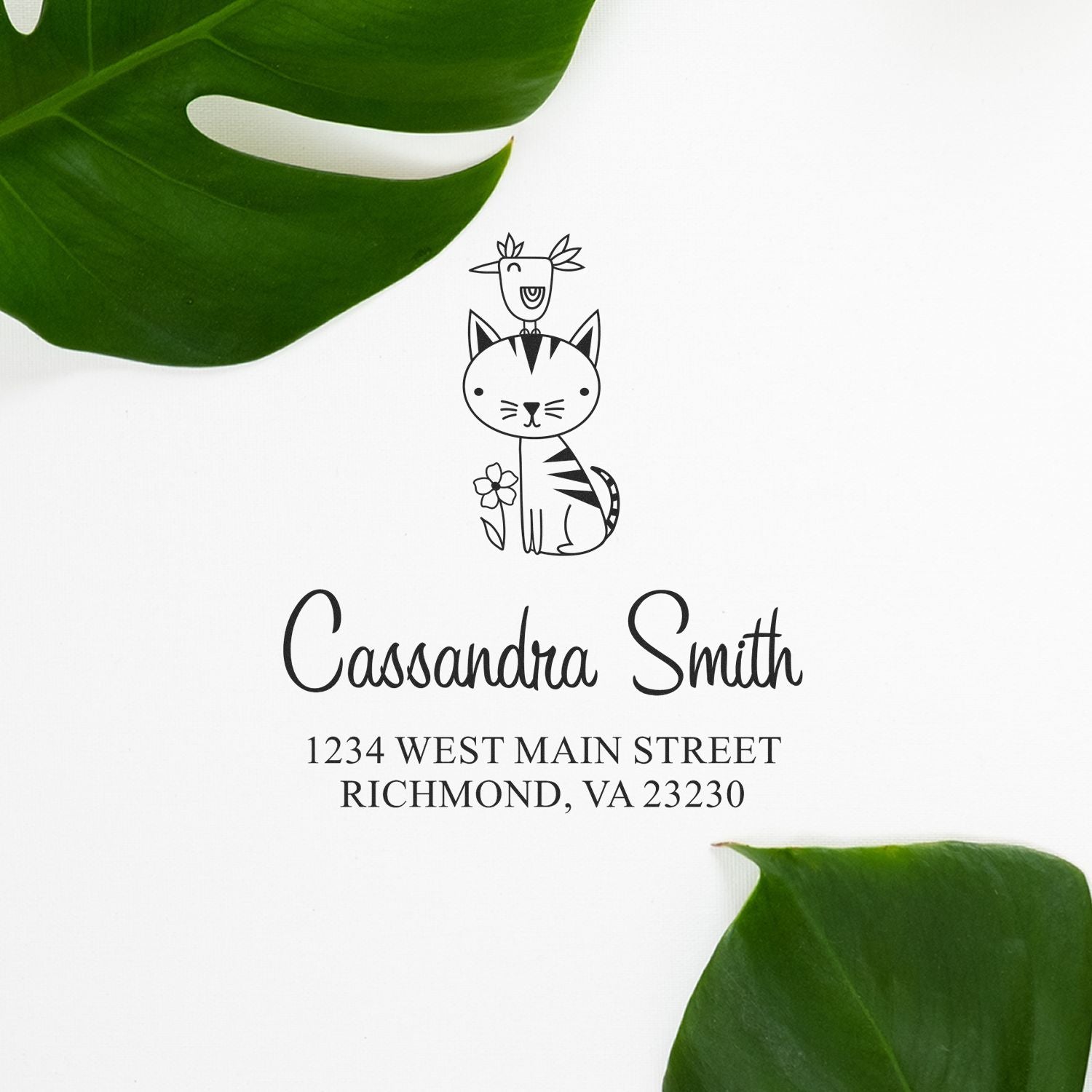 Custom cat return address rubber stamp with name Cassandra Smith and Richmond, VA address for personalized mailing.