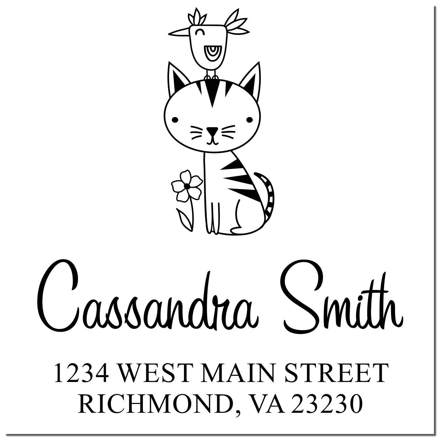 Custom return address rubber stamp with cat and bird illustration for Cassandra Smith, 1234 West Main Street, Richmond, VA 23230