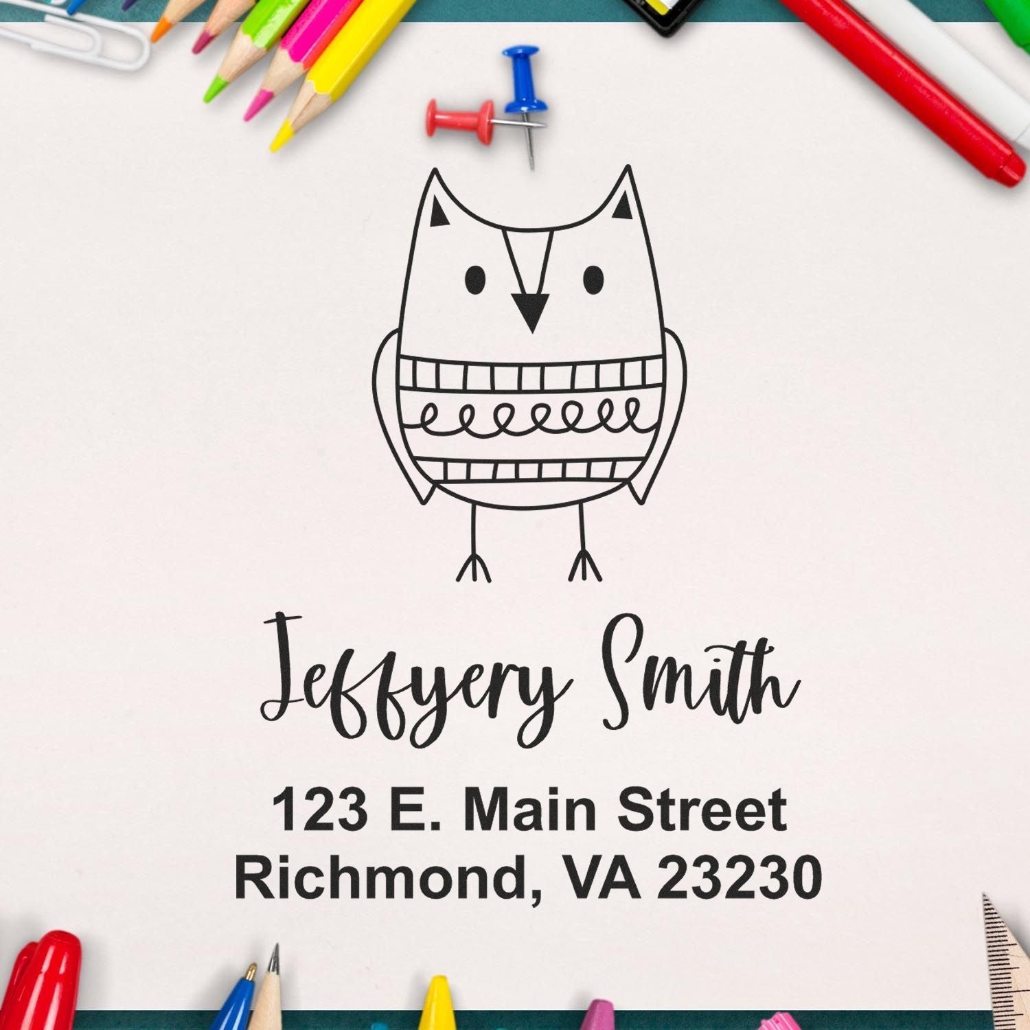 Personalized owl return address rubber stamp proof with name and Richmond, VA address
