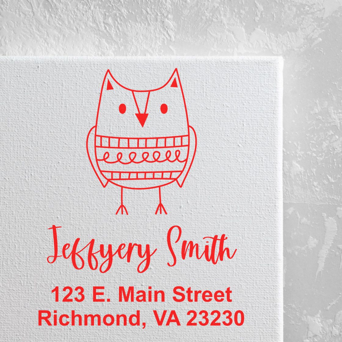 Custom return address rubber stamp with owl logo, Jeffery Smith, Richmond, VA 23230