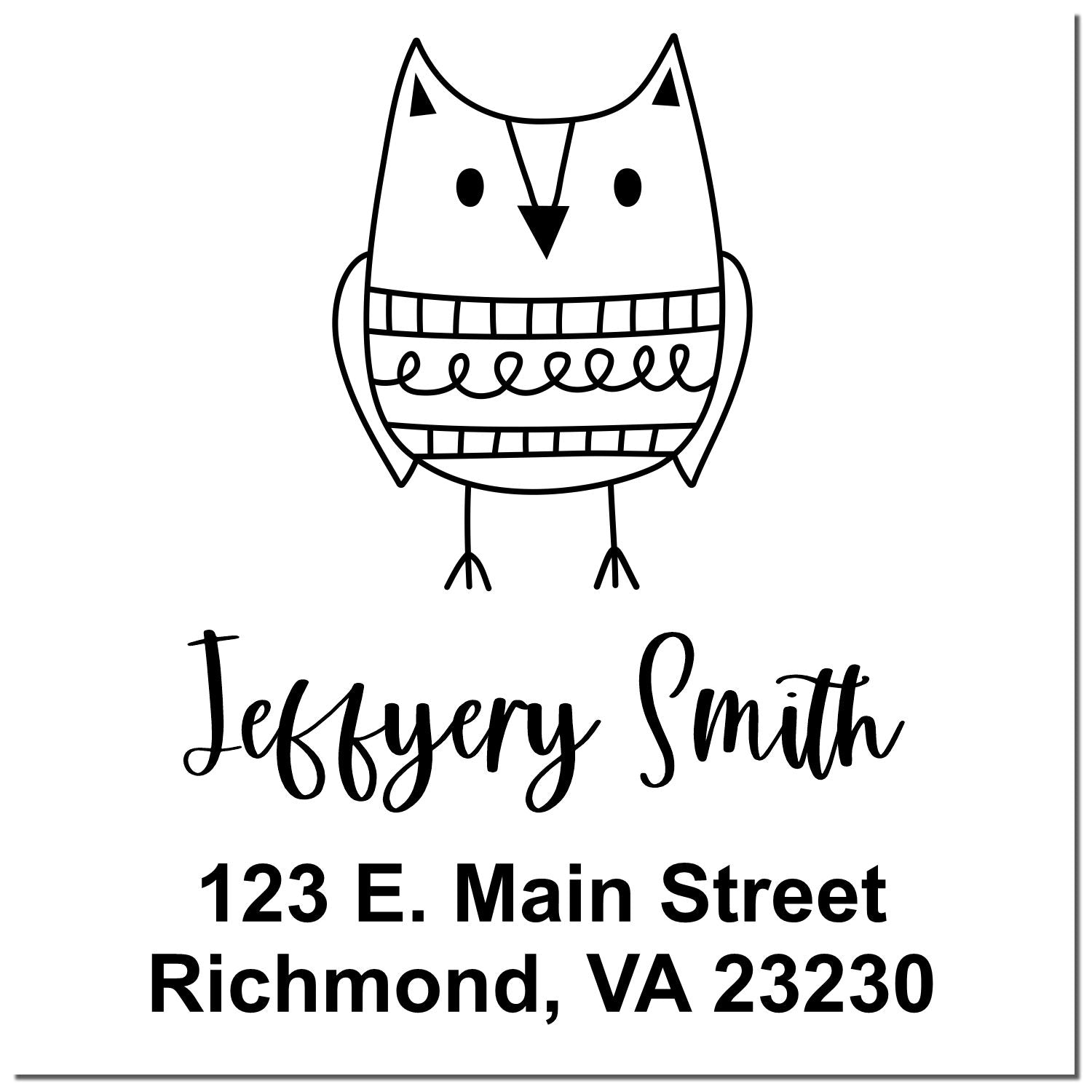 Custom owl rubber stamp with name Jeffery Smith and return address, 123 E. Main Street, Richmond, VA 23230.